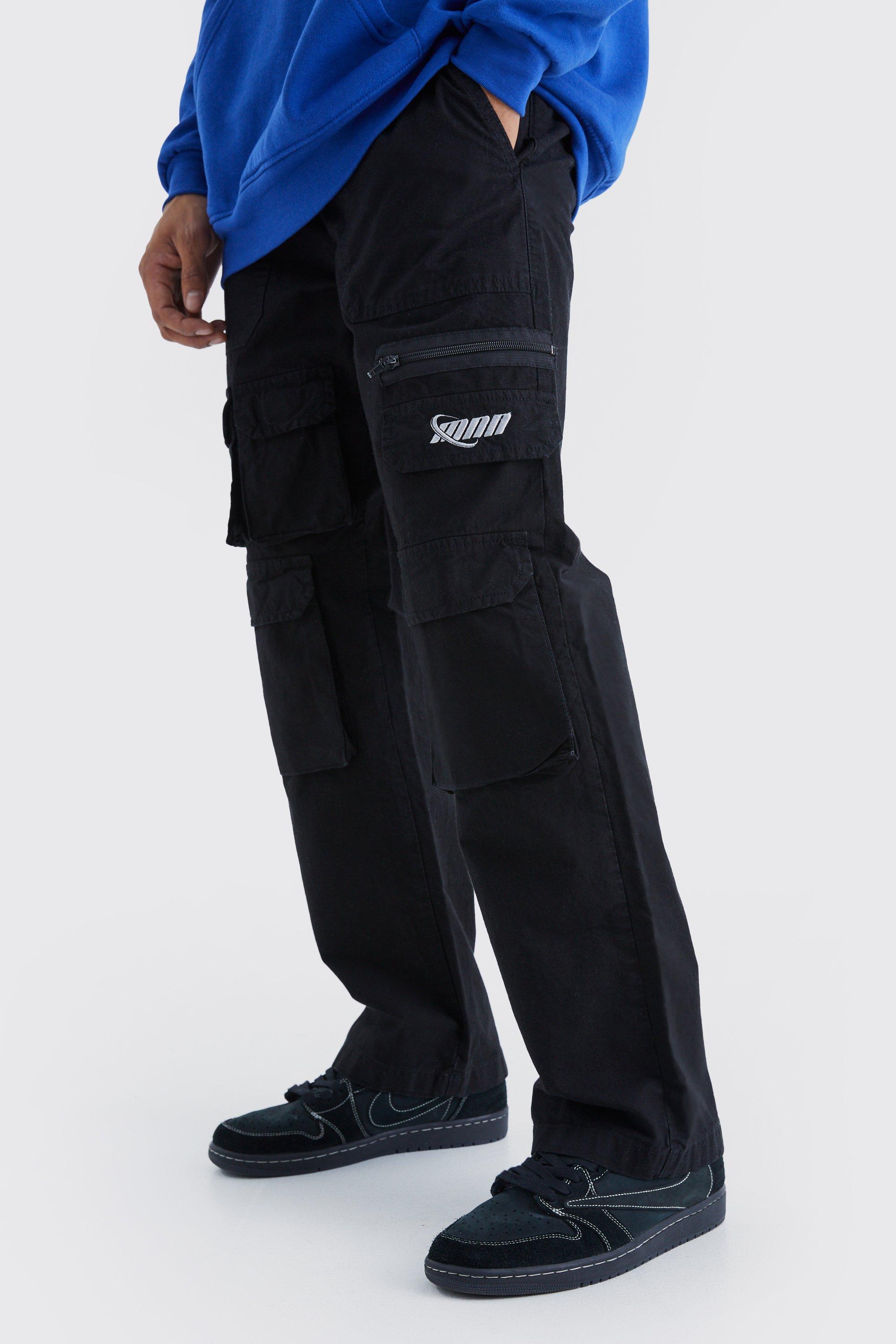 Mens Black Relaxed Multi Cargo Ripstop Trouser With Tonal Embroidery, Black