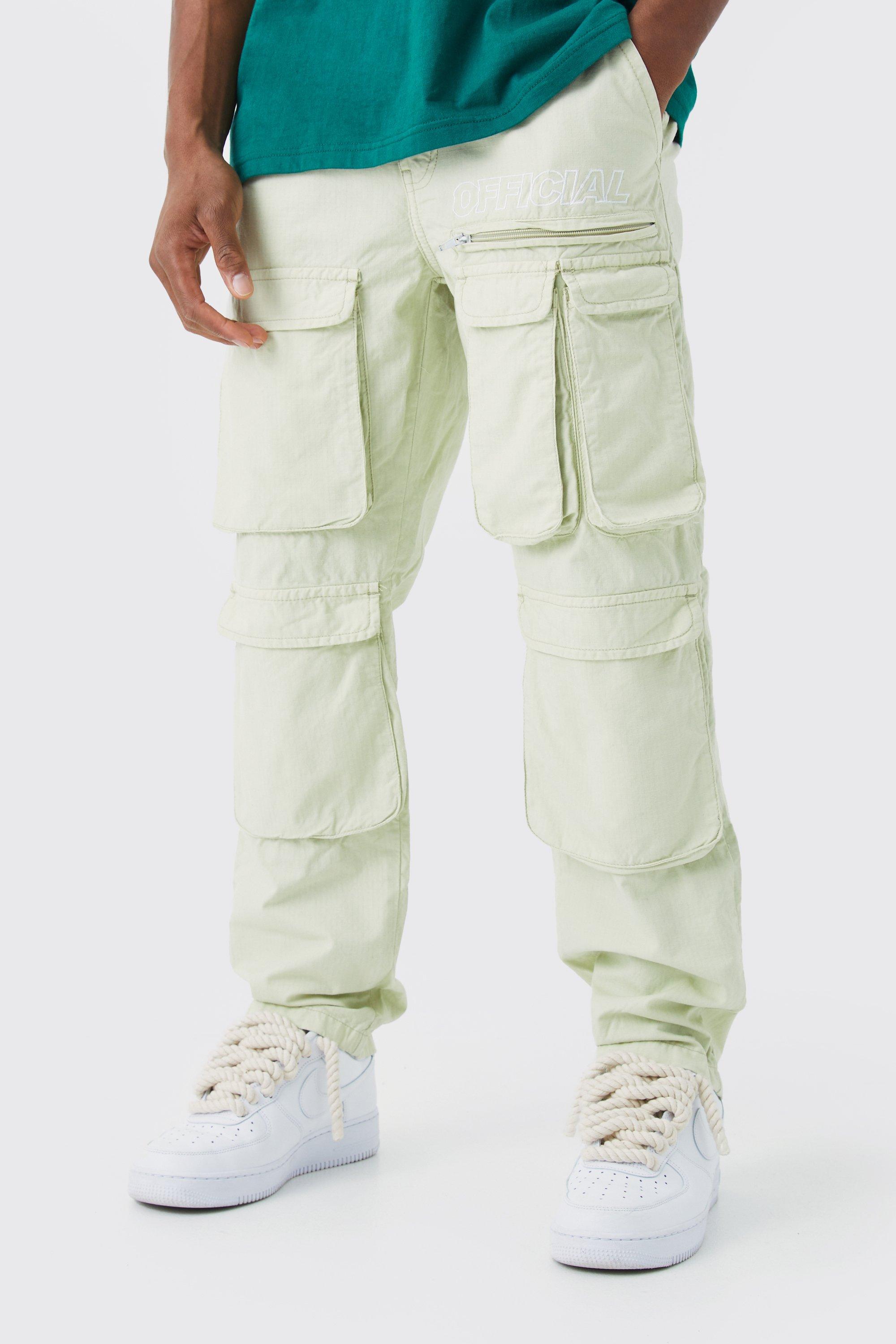 Mens Green Straight Leg Multi Cargo Ripstop Trouser With Tonal Branding, Green