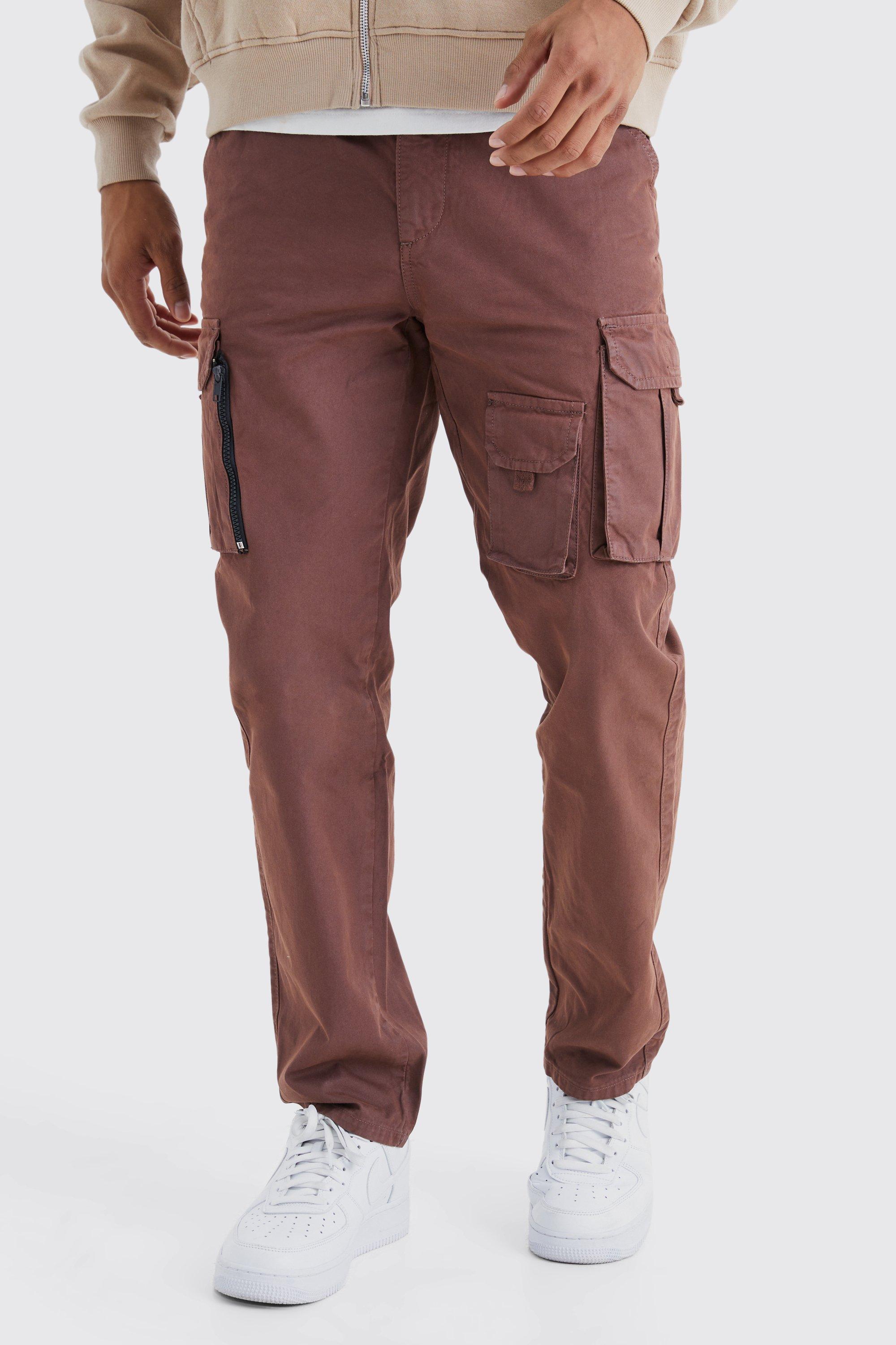 Men's Straight Leg Multi Cargo Trouser With Woven Tab - Brown - 28, Brown