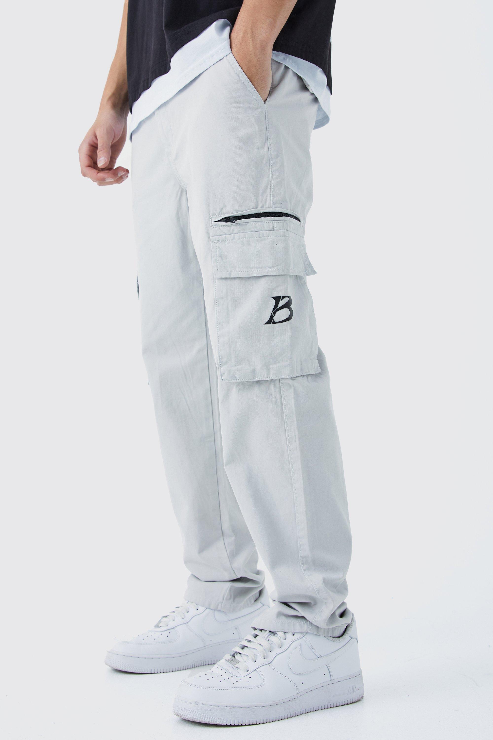 Image of Pantaloni Cargo dritti con zip e logo a corpo alto, Grigio