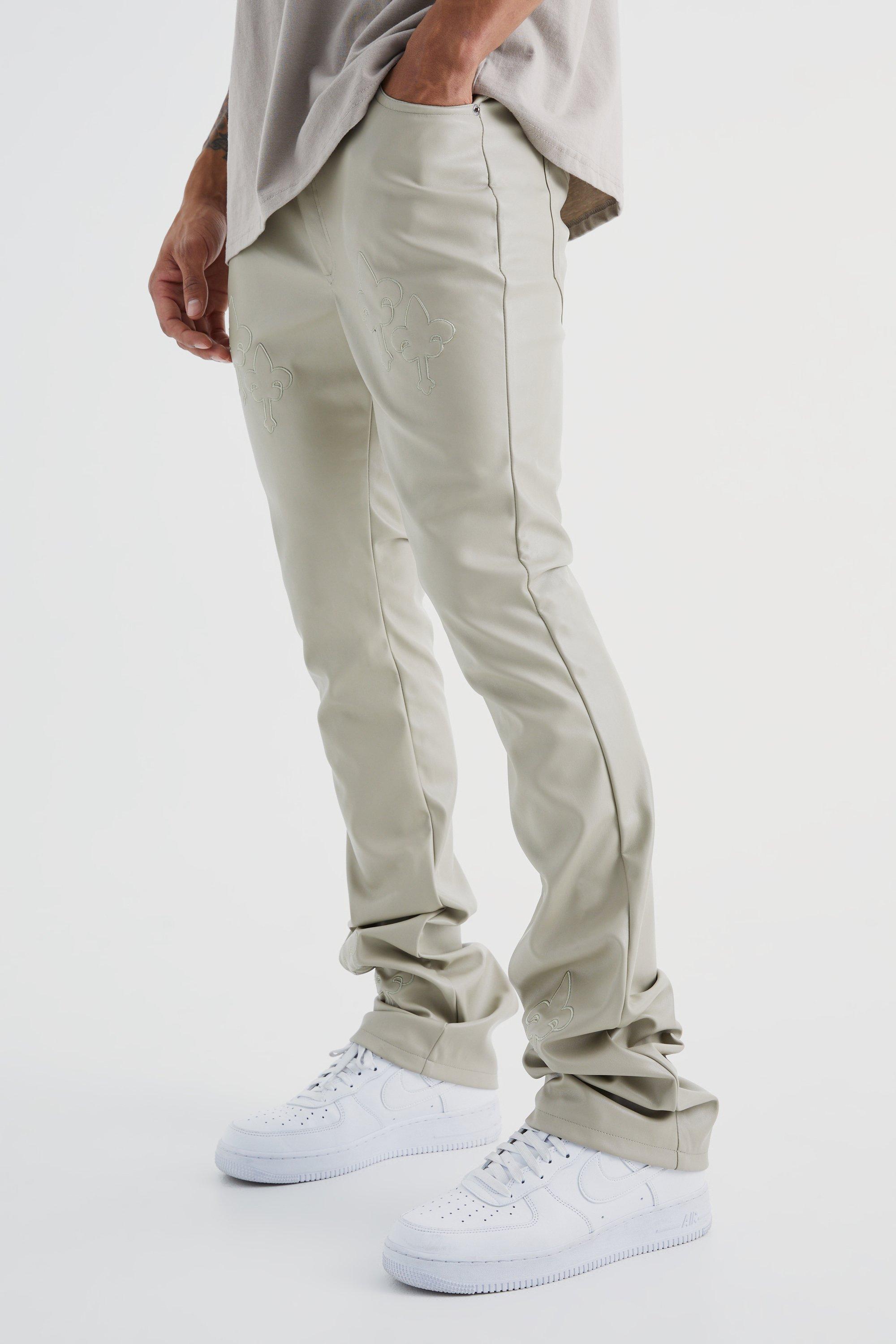 Mens Beige Fixed Waist Skinny Stacked Flare Applique Pu Trouser, Beige