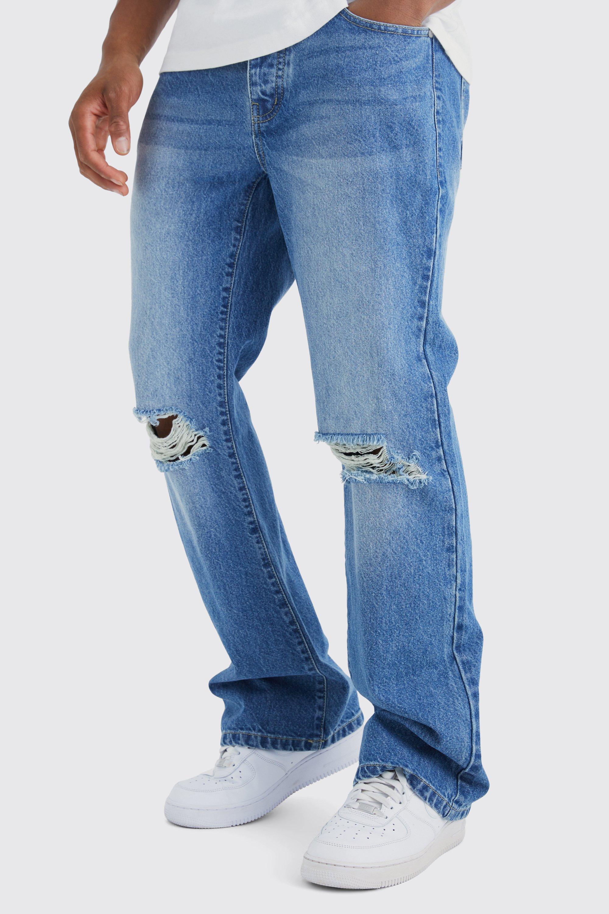men's relaxed rigid flare jean with knee rips - blue - 28r, blue