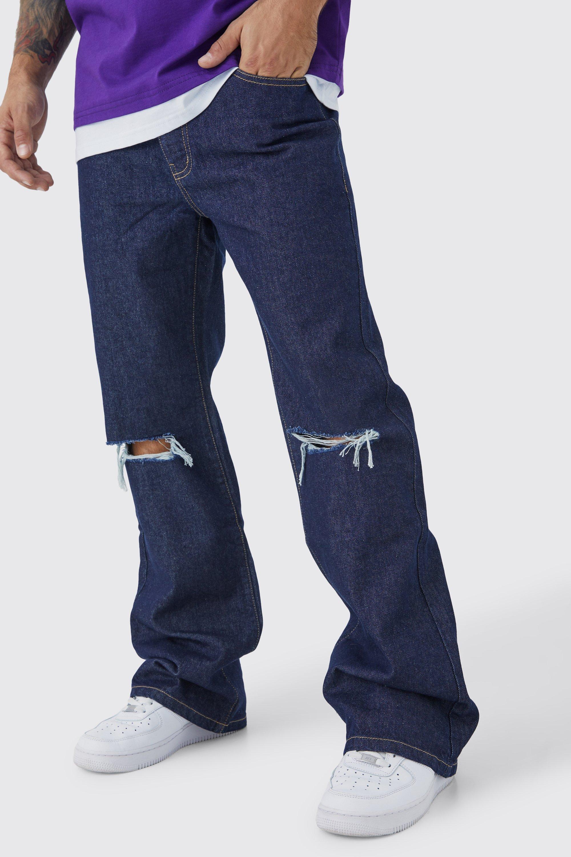 Image of Jeans a zampa rilassati in denim rigido con strappi sul ginocchio, Azzurro