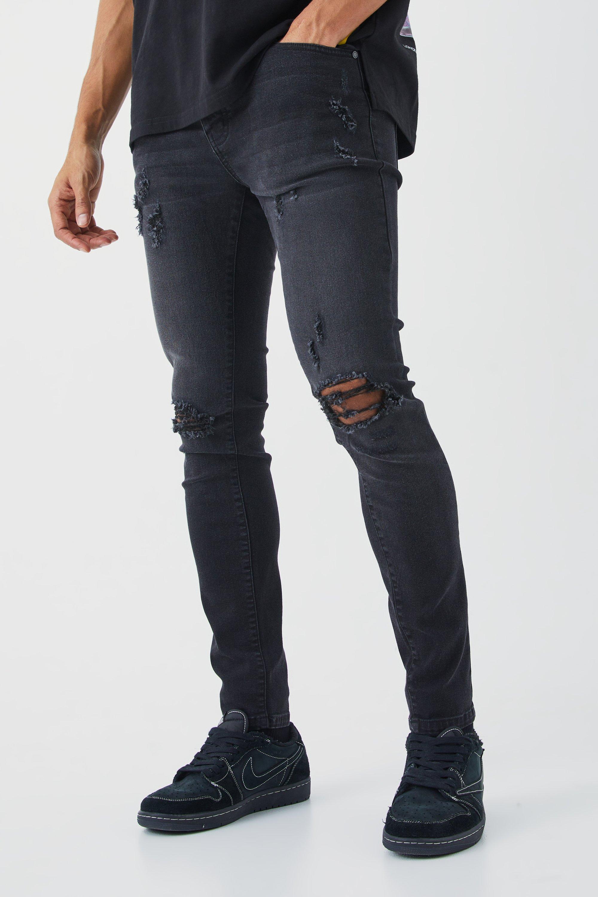 Mens Black Skinny Stretch Extreme Knee Rip Jeans, Black