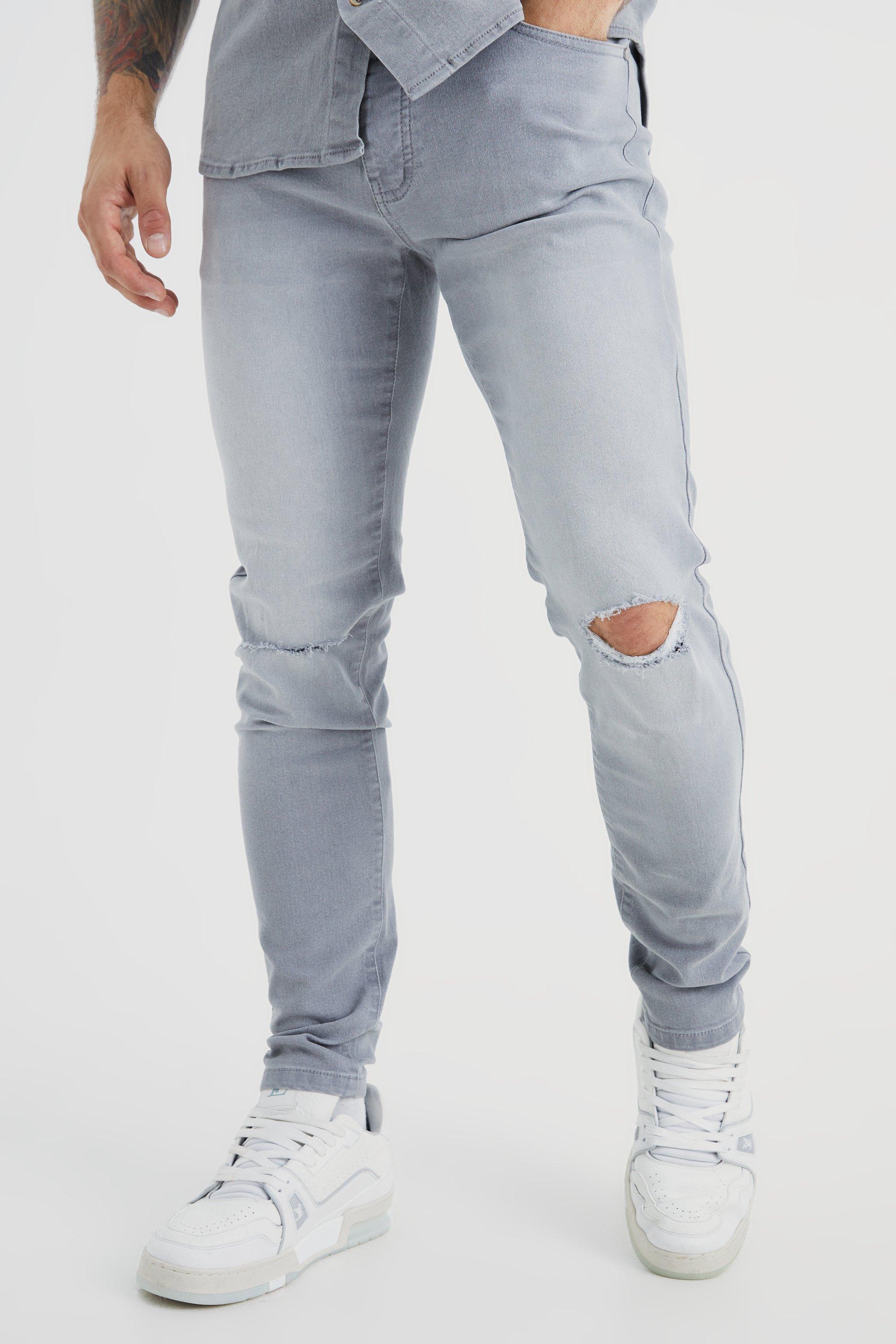 Mens Grey Skinny Jeans With Slash Knee, Grey