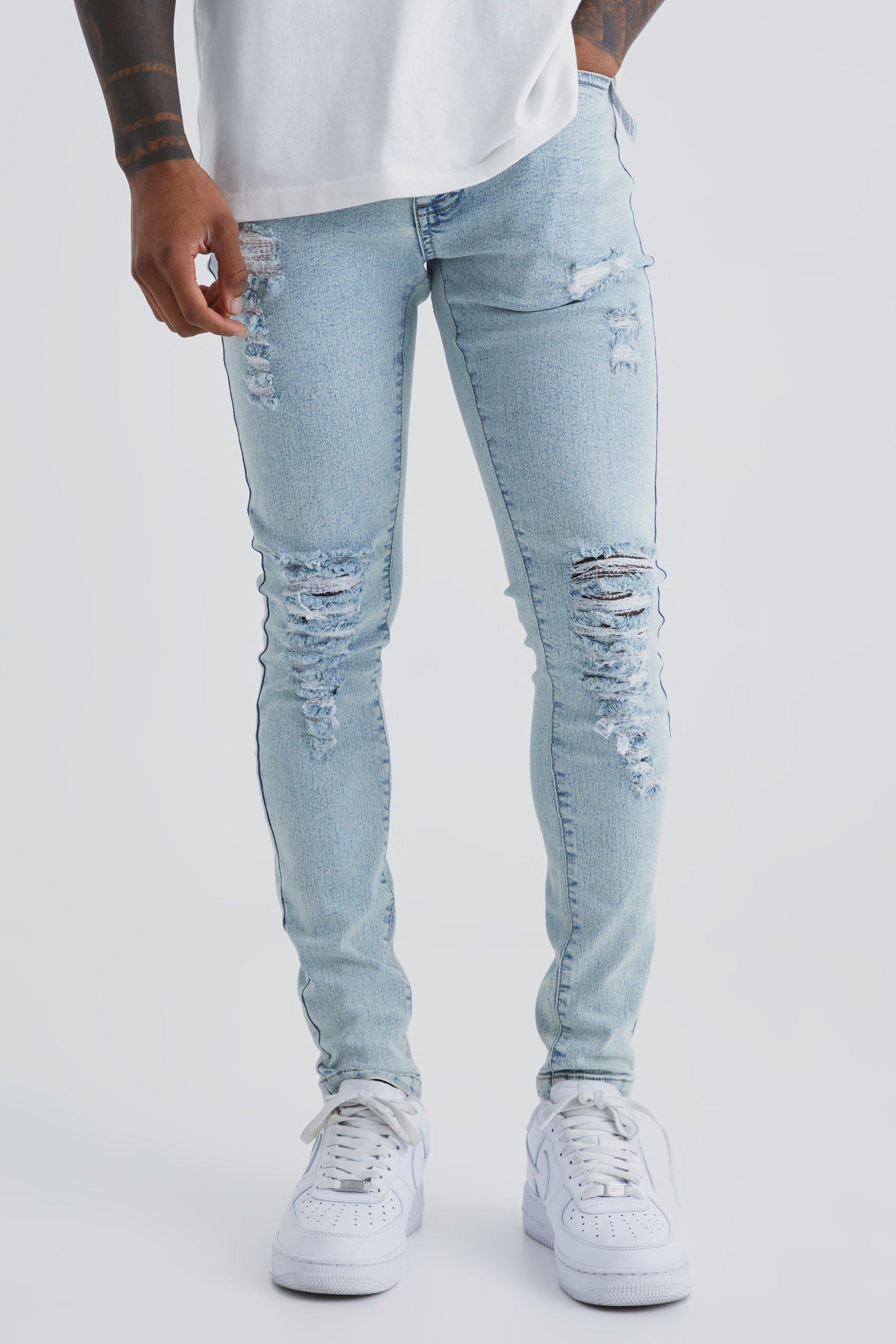 Mens Blue Super Skinny Jeans With All Over Rips, Blue