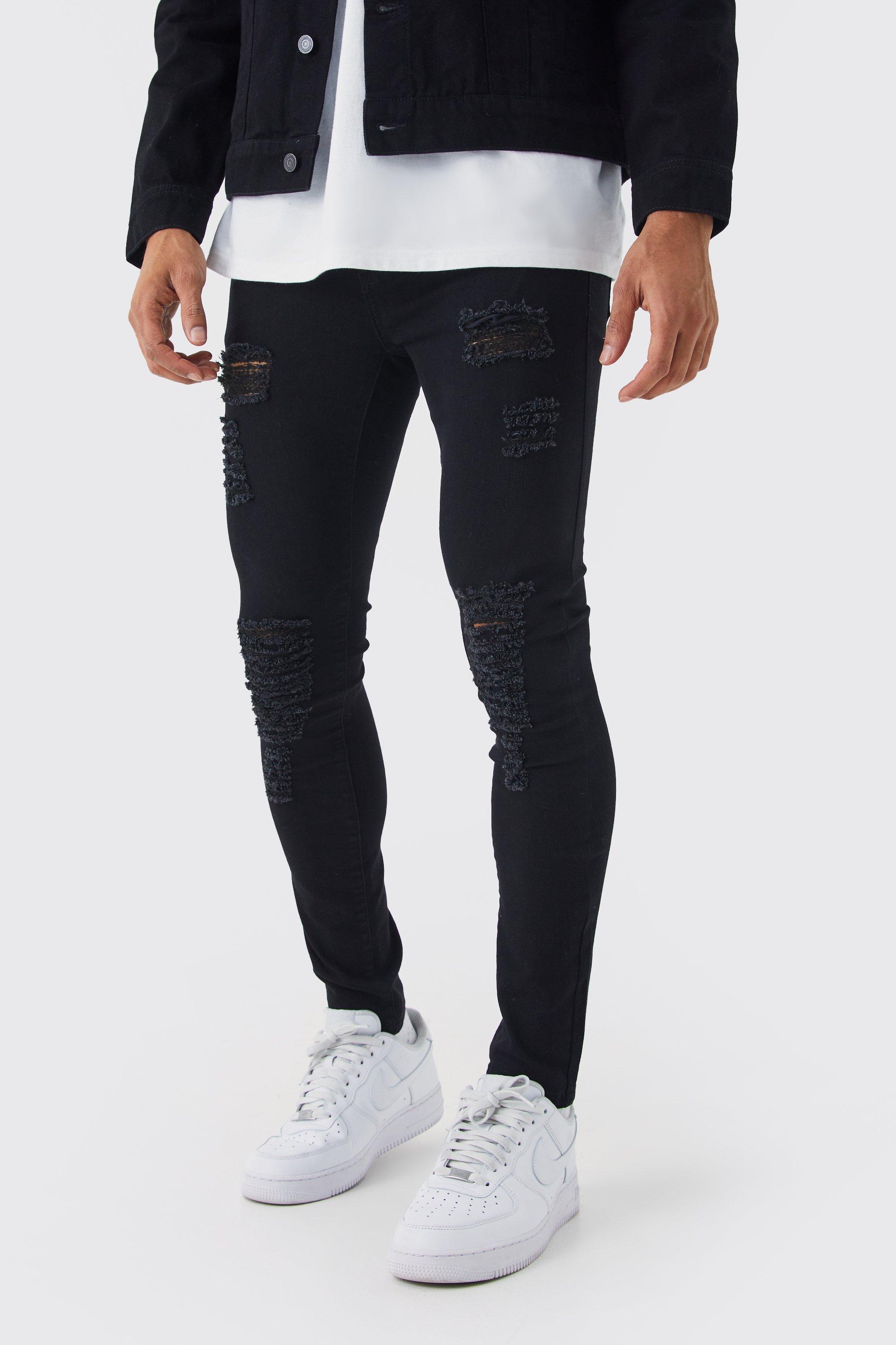 Mens Black Super Skinny Jeans With All Over Rips, Black