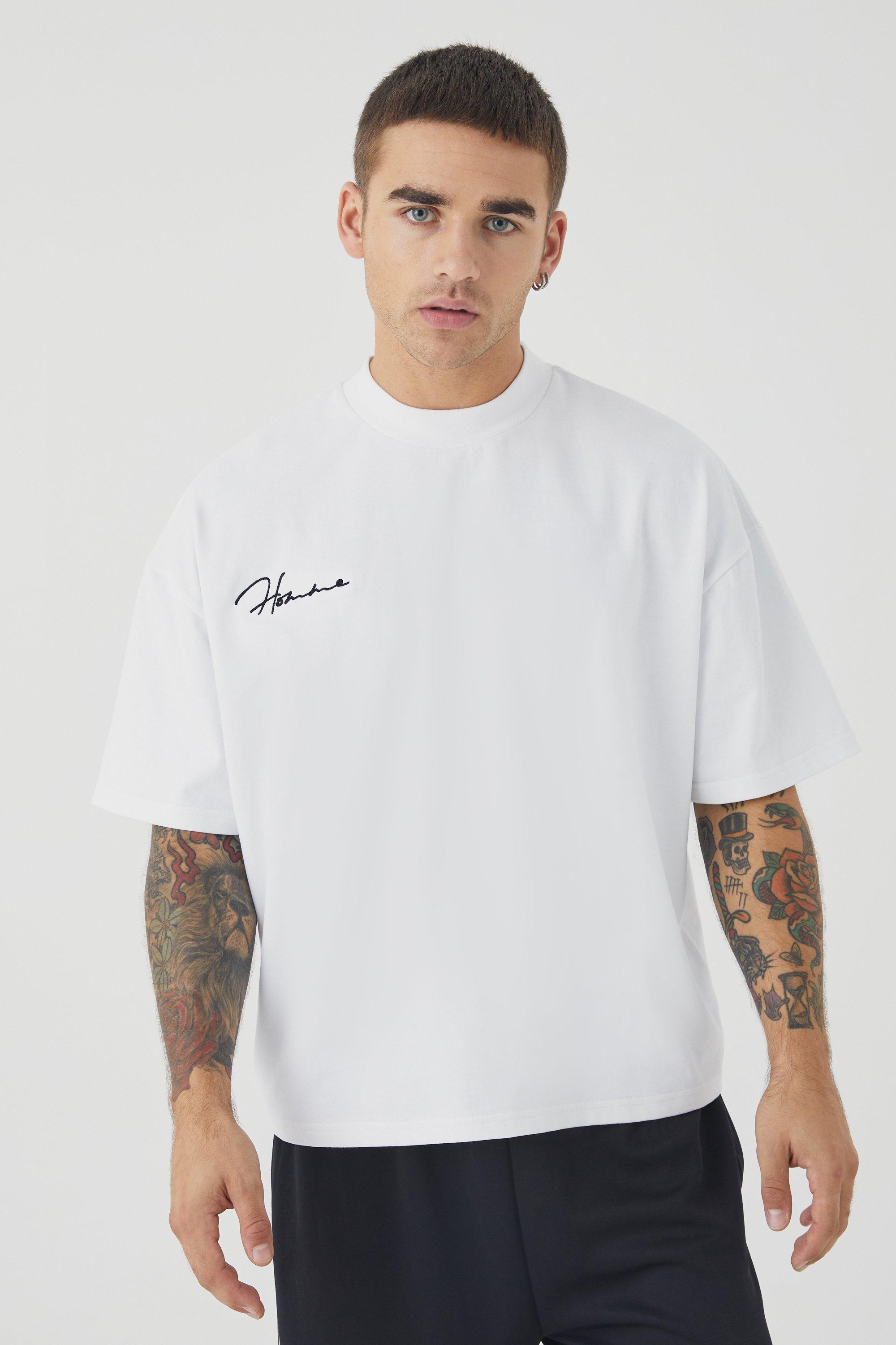 Mens White Oversized Boxy Heavyweight Peached Embroidered T-shirt, White