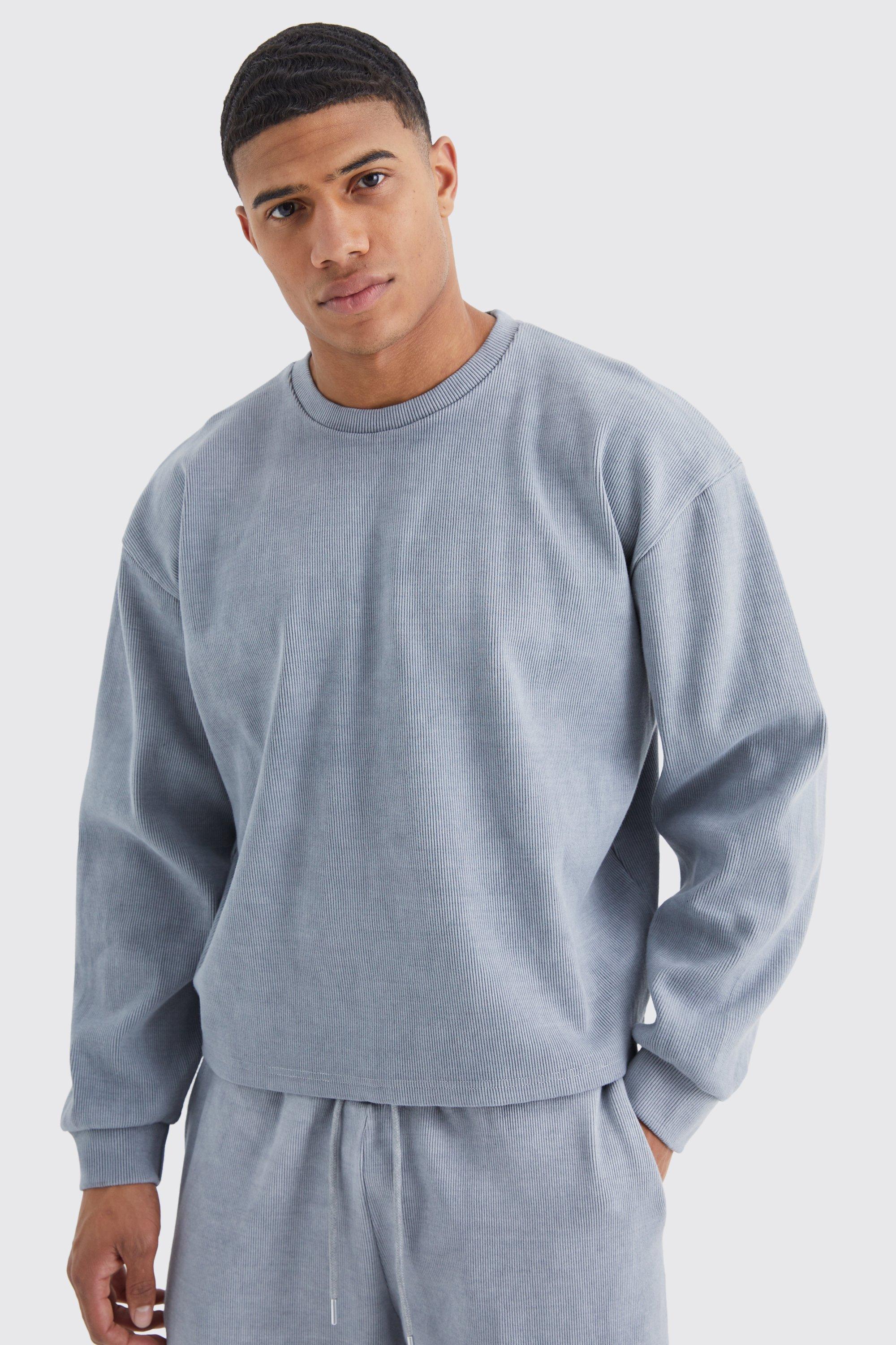 Mens Grey Oversized Boxy Heavyweight Ribbed Sweatshirt, Grey