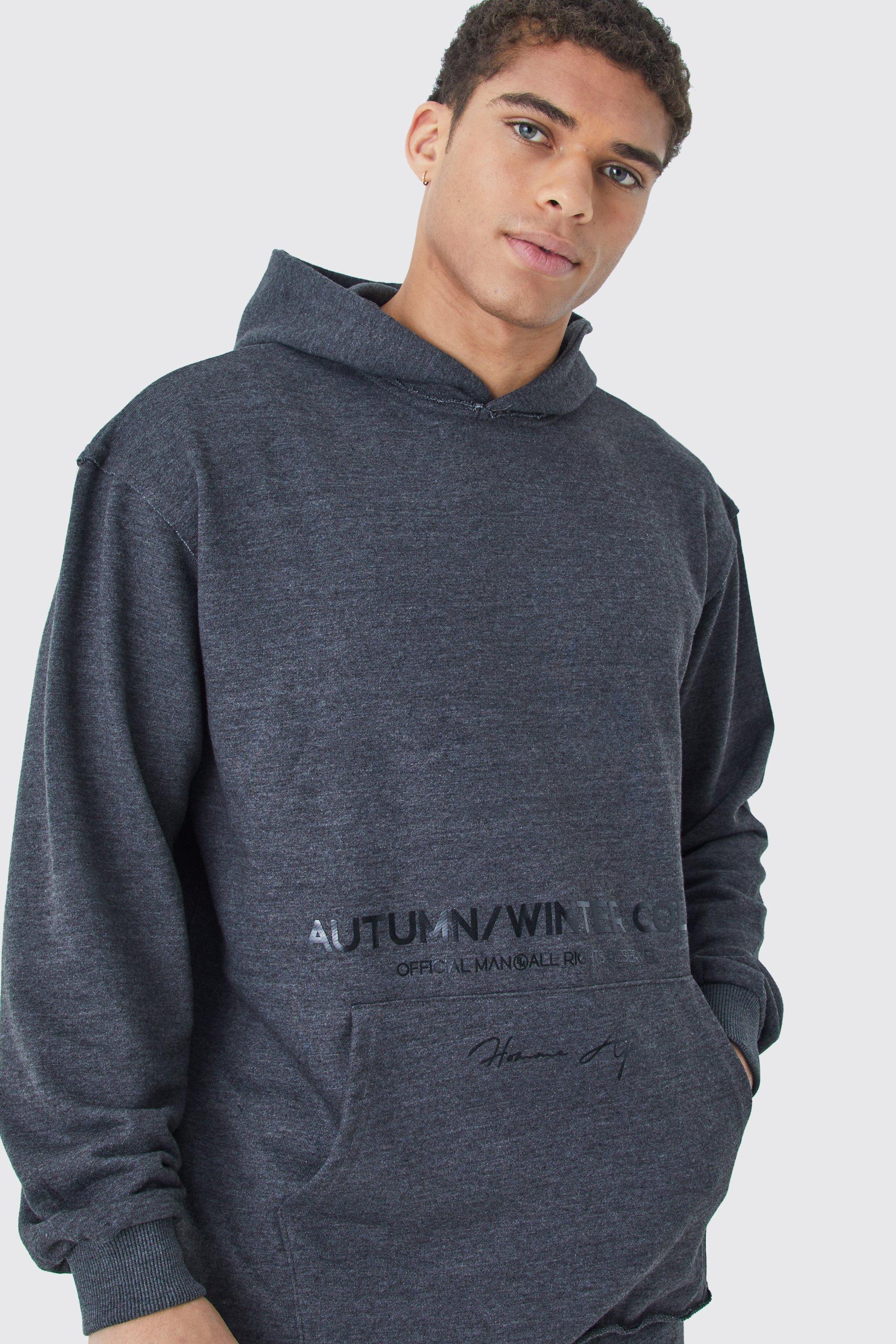 Mens Grey Oversized Heavyweight Loopback Printed Hoodie, Grey