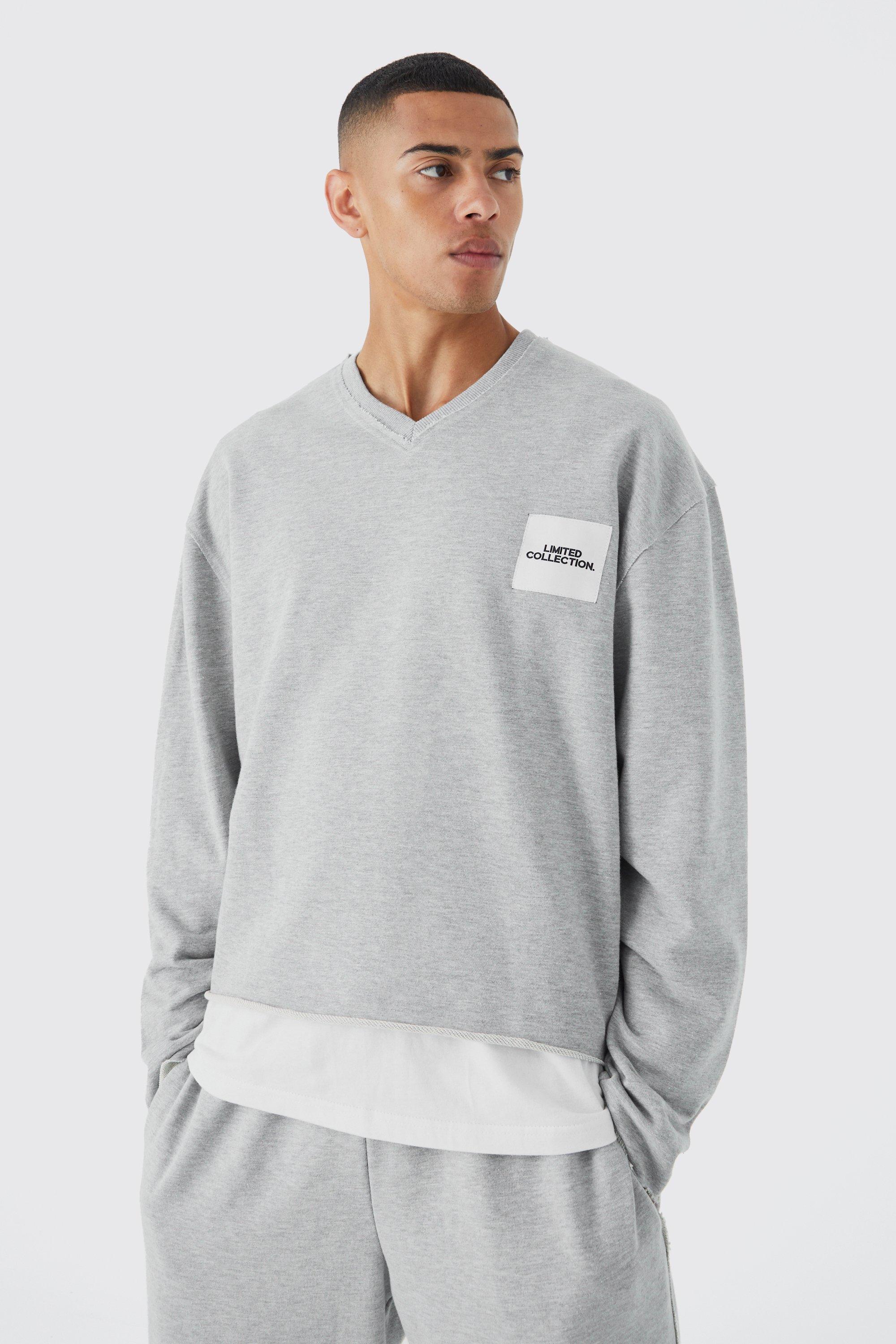 Mens Grey Oversized Boxy Loopback Printed Sweatshirt, Grey