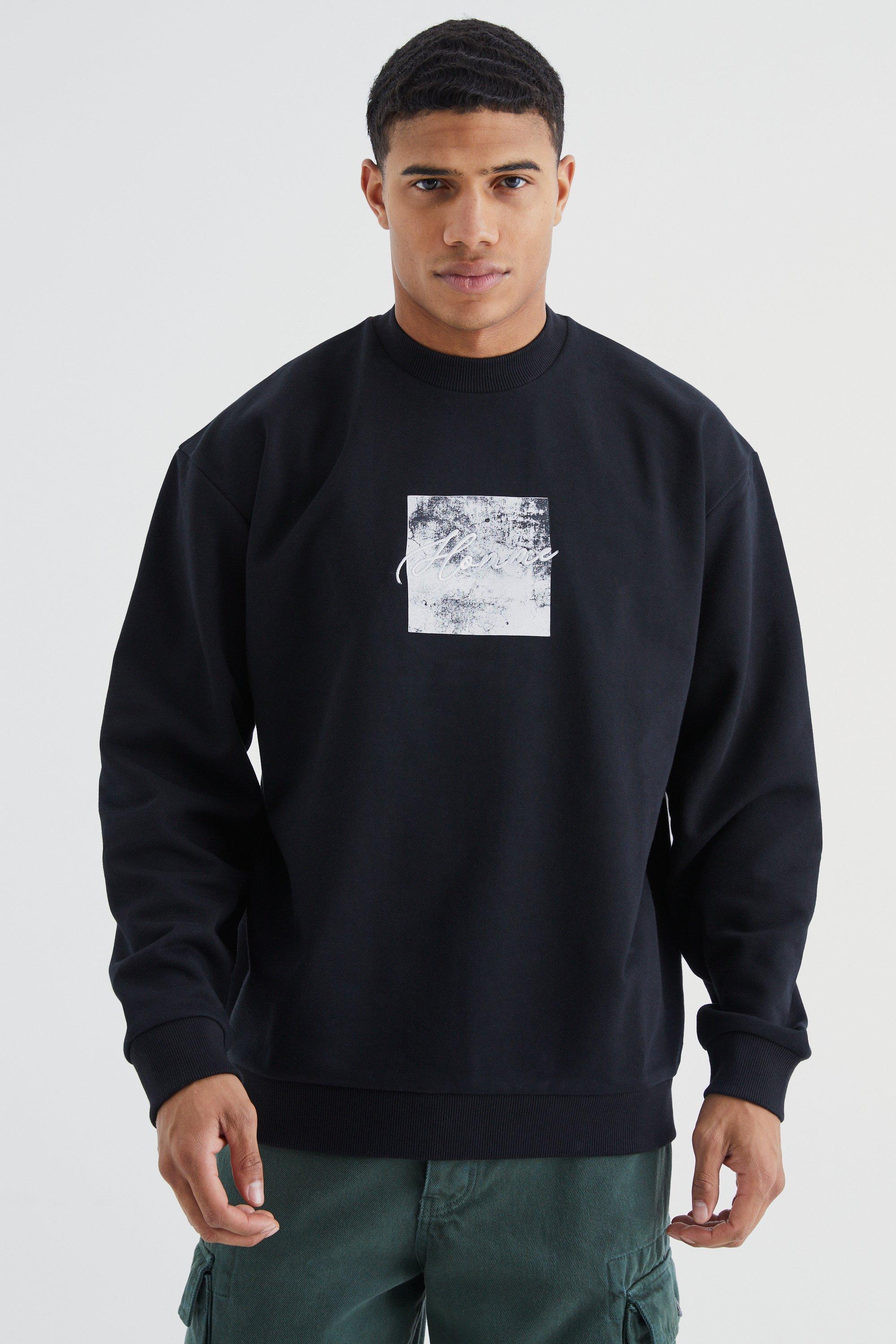 Mens Black Oversized Heavyweight Homme Embroidered Sweatshirt, Black
