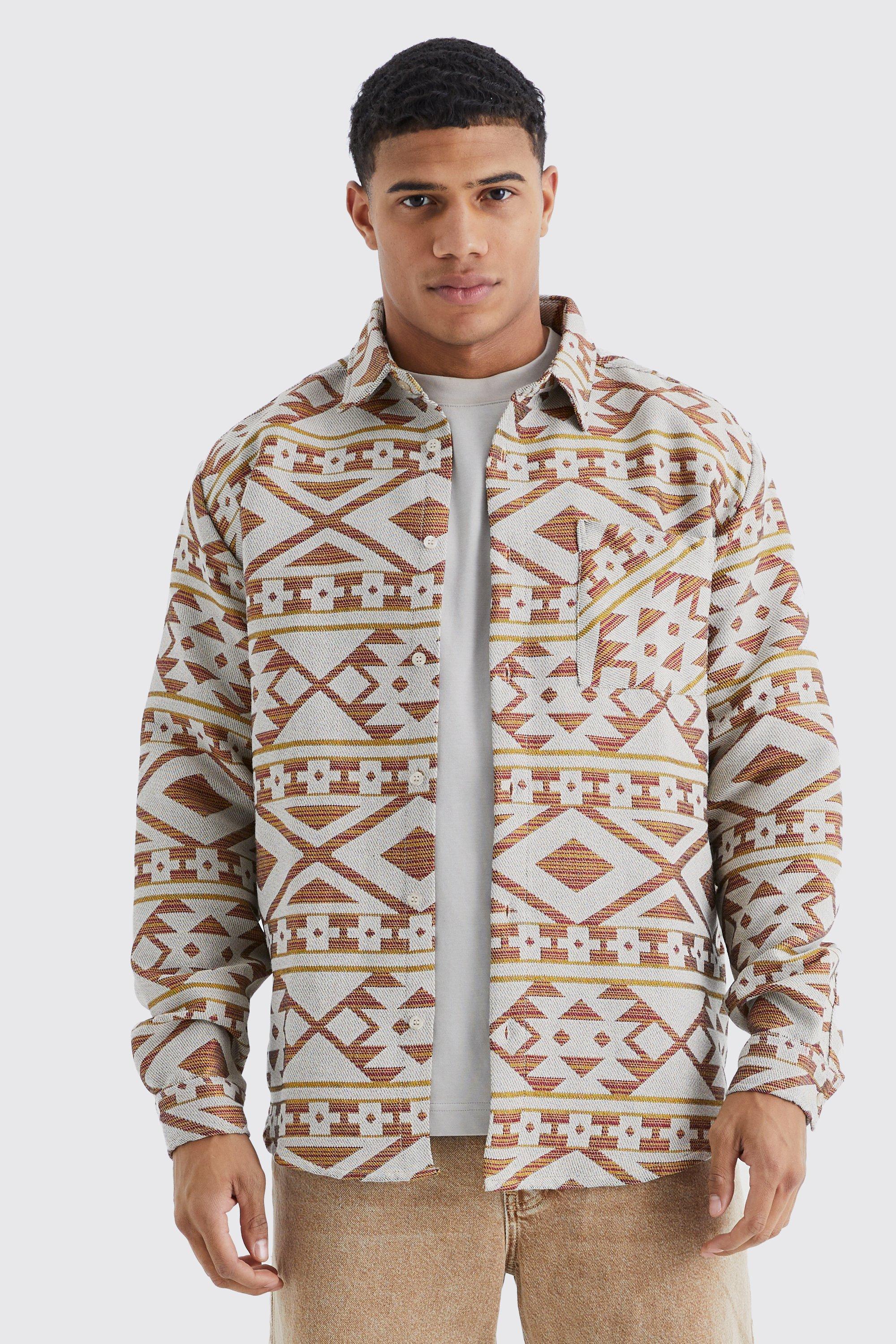 Mens Beige Long Sleeve Aztec Jacquard Oversized Overshirt, Beige