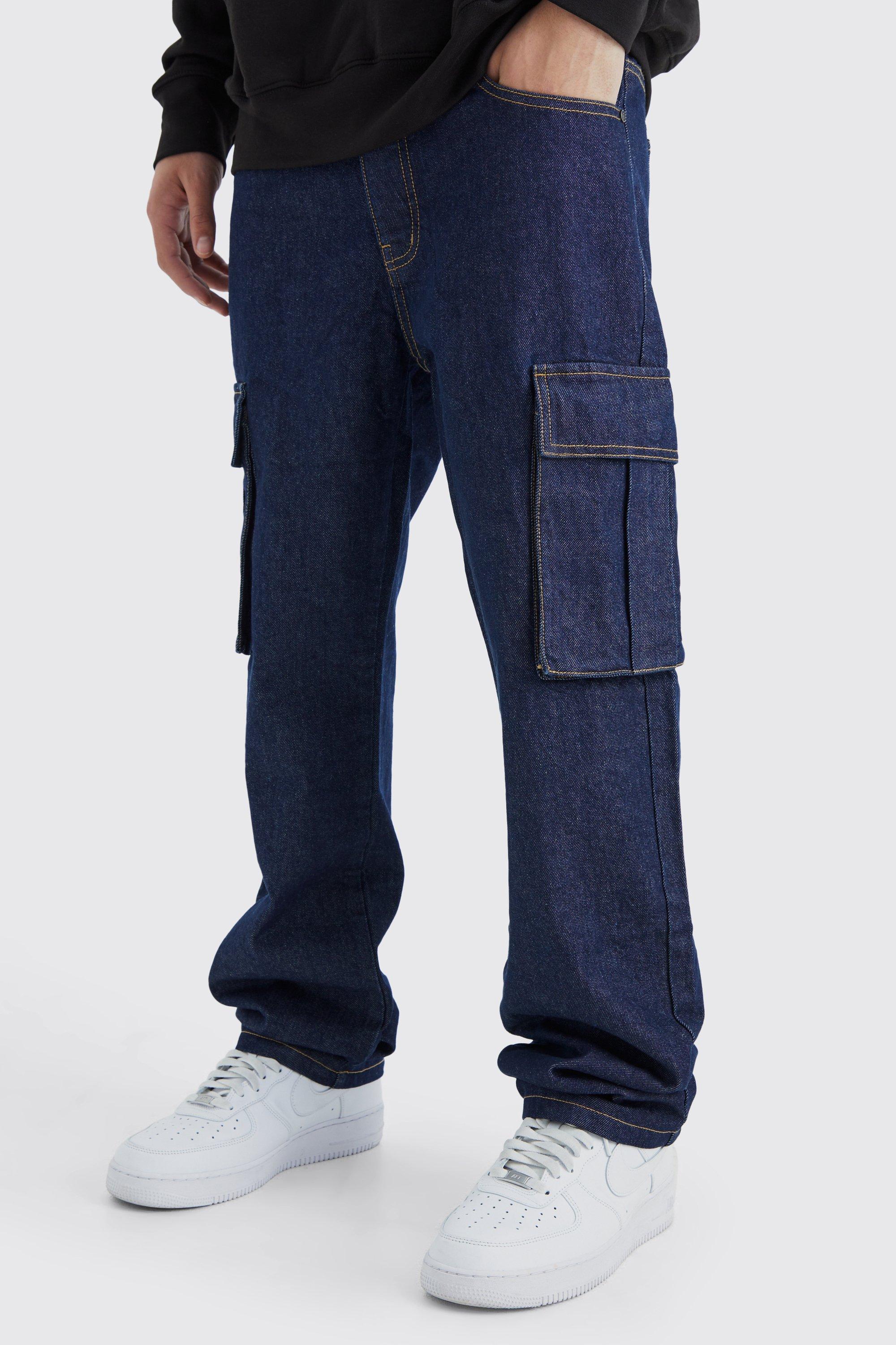 Mens Blue Relaxed Rigid Cargo Jeans, Blue
