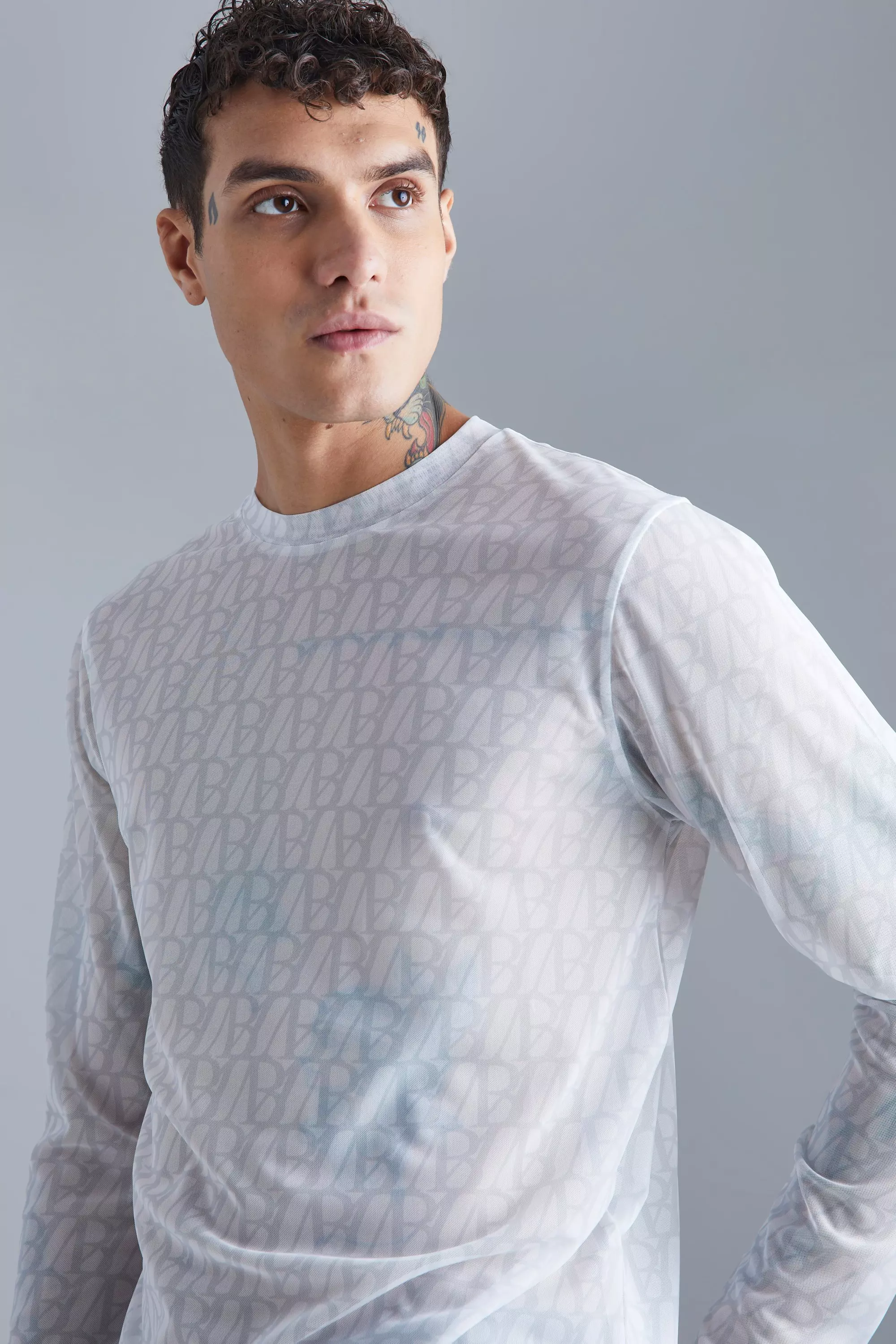 Long Sleeve Slim Fit Monogram Mesh T-shirt | boohooMAN