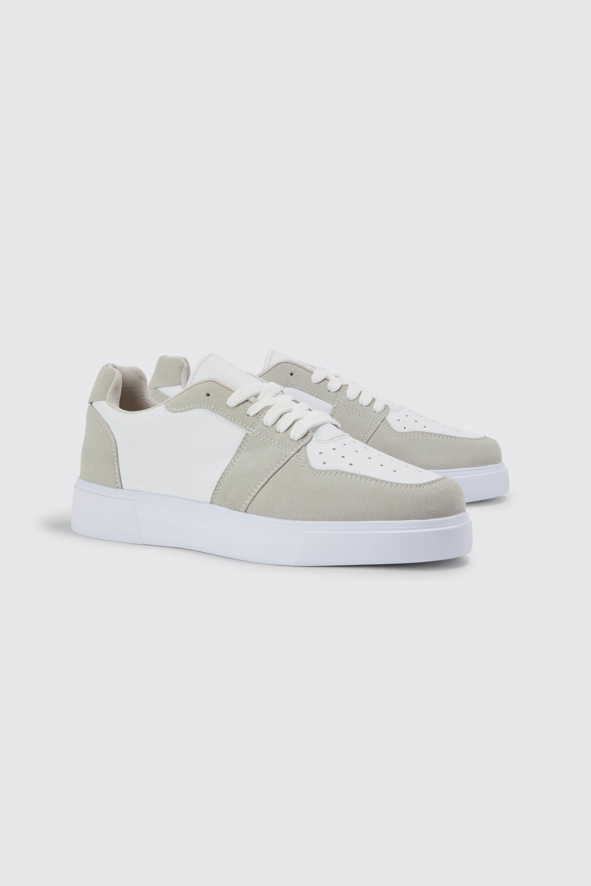 Mens White Faux Leather And Faux Suede Panel Trainer, White