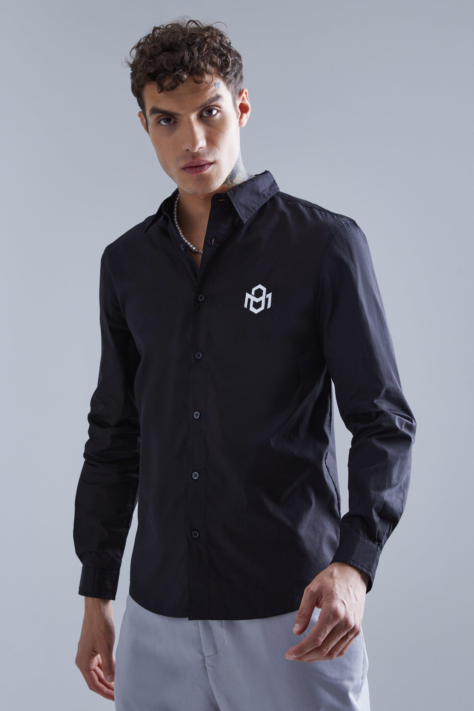 Mens Black Long Sleeve Poplin Mini Chest Embroidery Shirt, Black