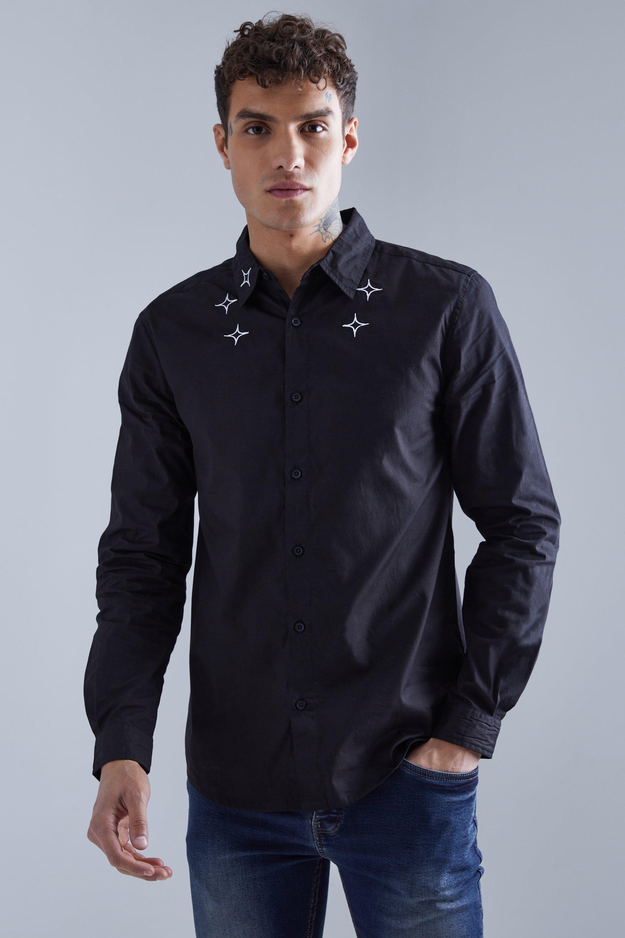 Mens Black Long Sleeve Poplin Multi Embroidered Collar Shirt, Black
