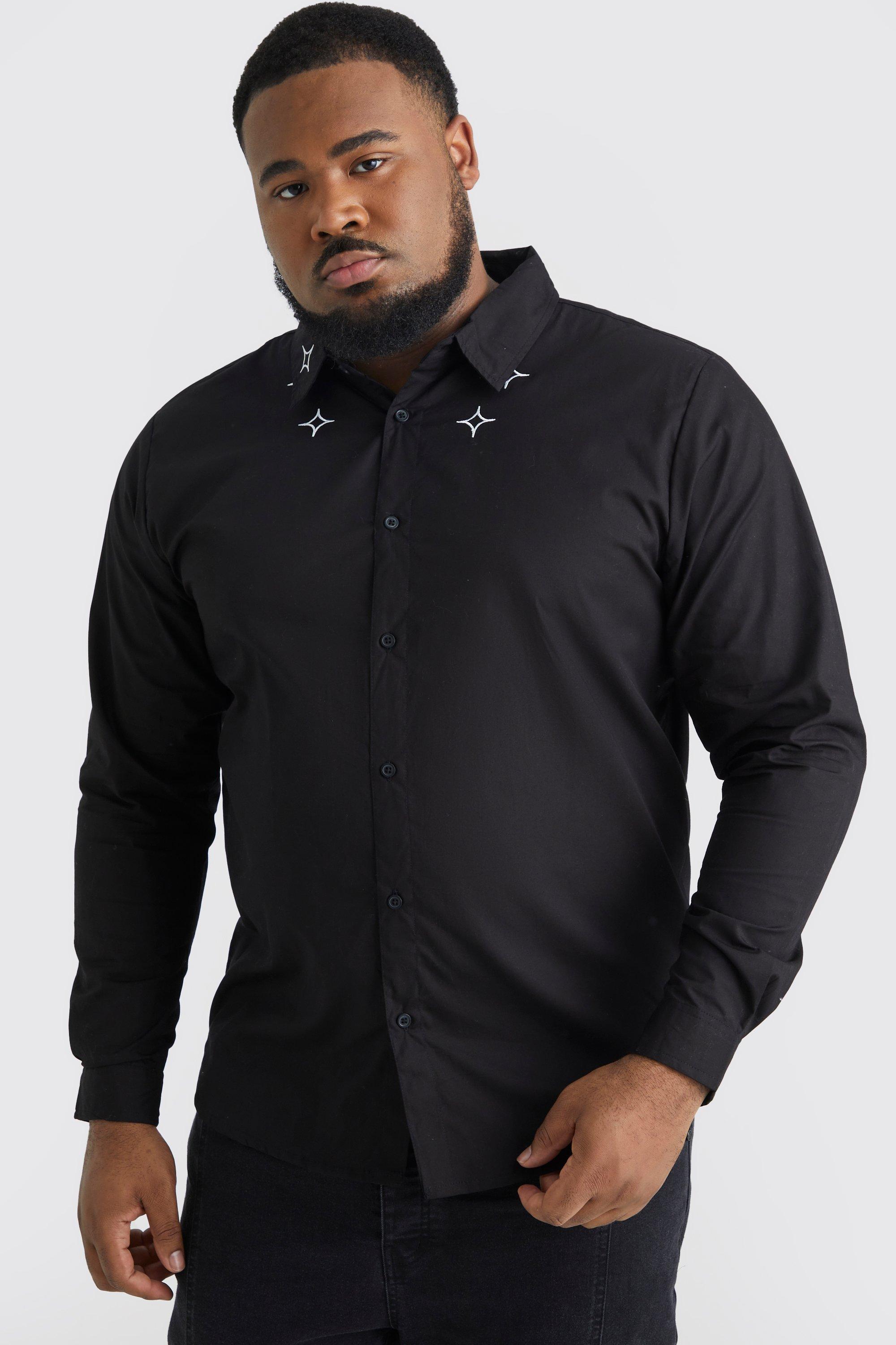 Mens Black Plus Poplin Multi Embroidered Collar Shirt, Black