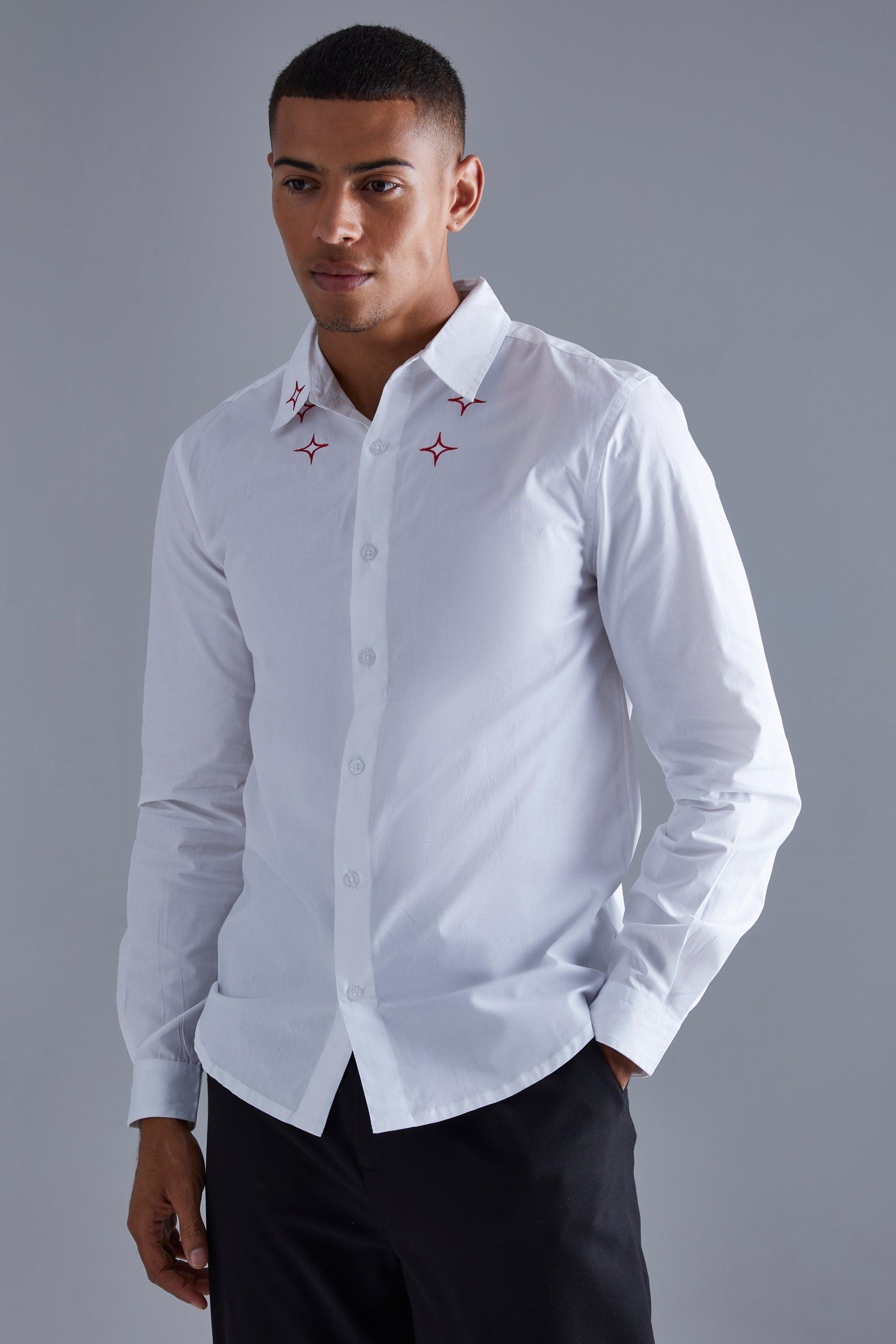 Mens White Long Sleeve Poplin Multi Embroidered Collar Shirt, White