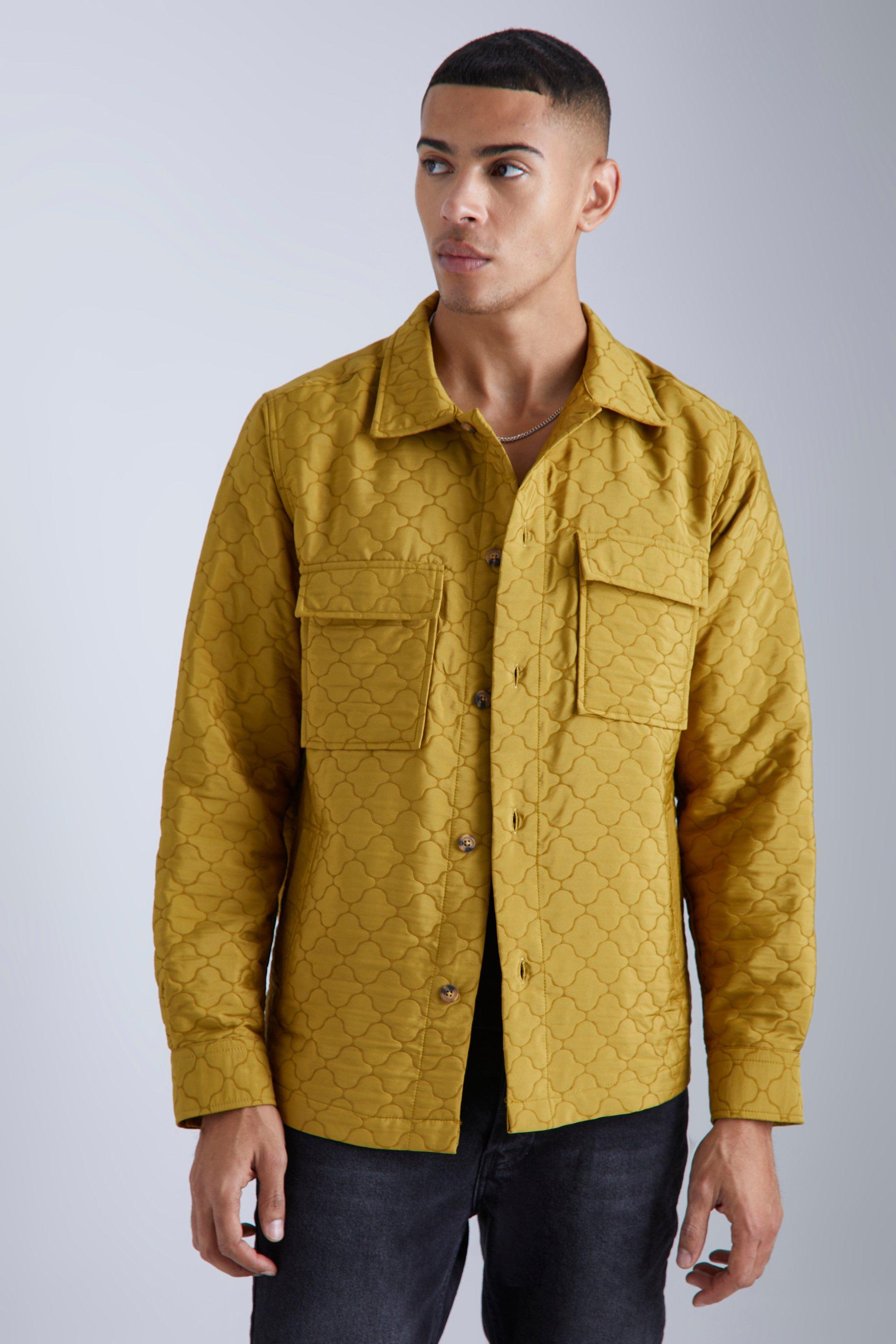 Mens Olive Patterned Quilted Button Through Shacket