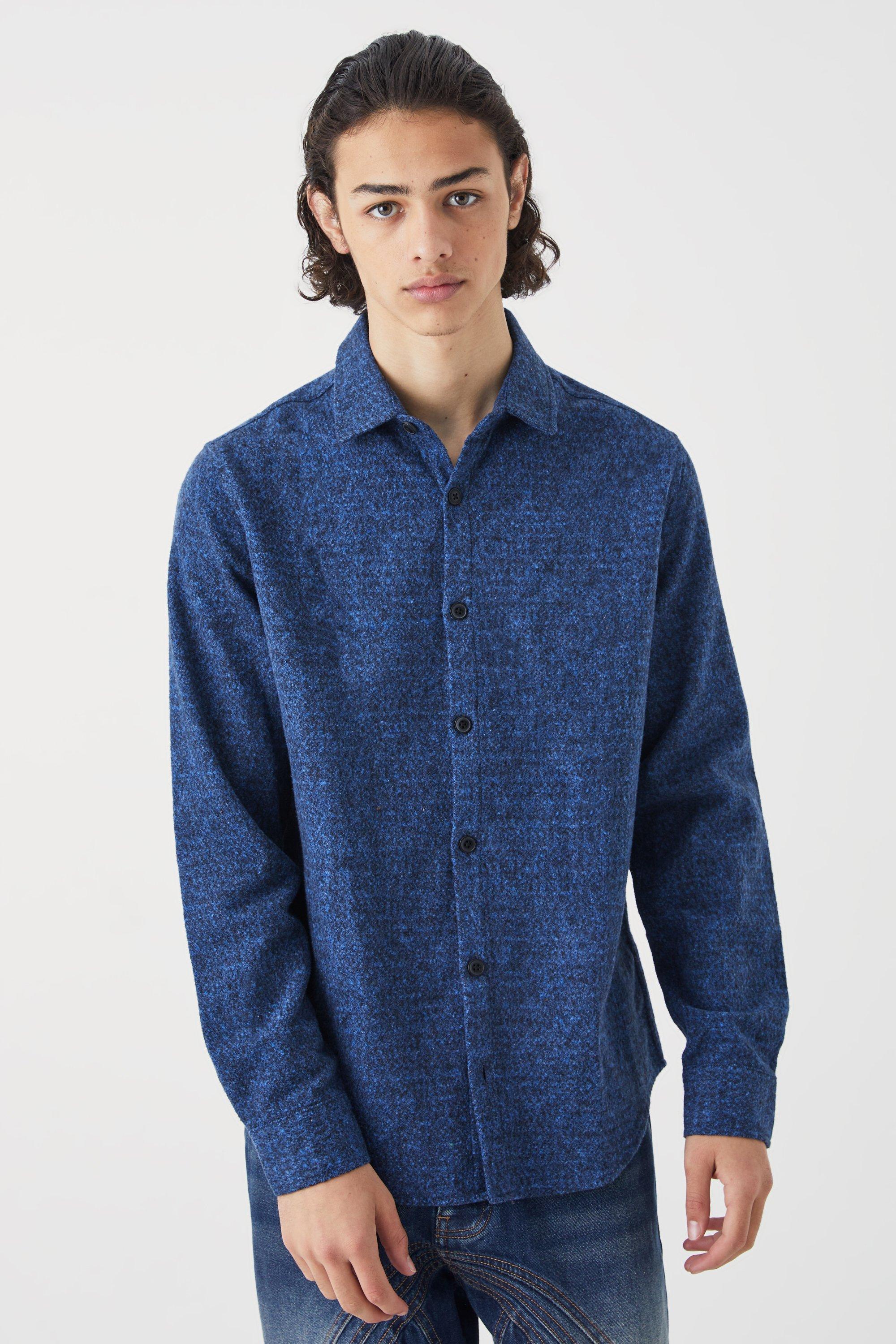 Mens Blue Wool Look Melton Button Through Overshirt, Blue