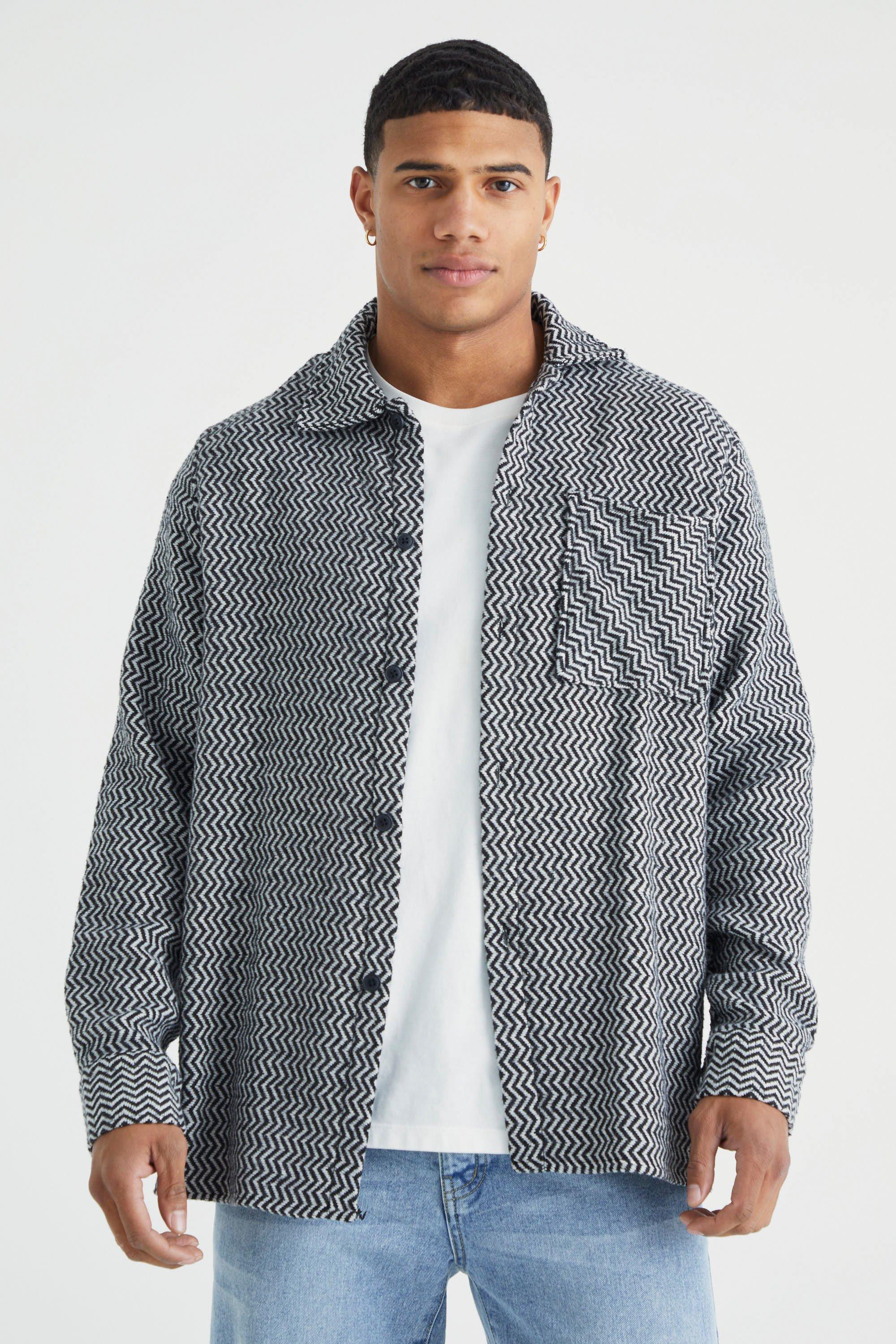 Mens Grey Textured Wool Look Patterned Overshirt, Grey