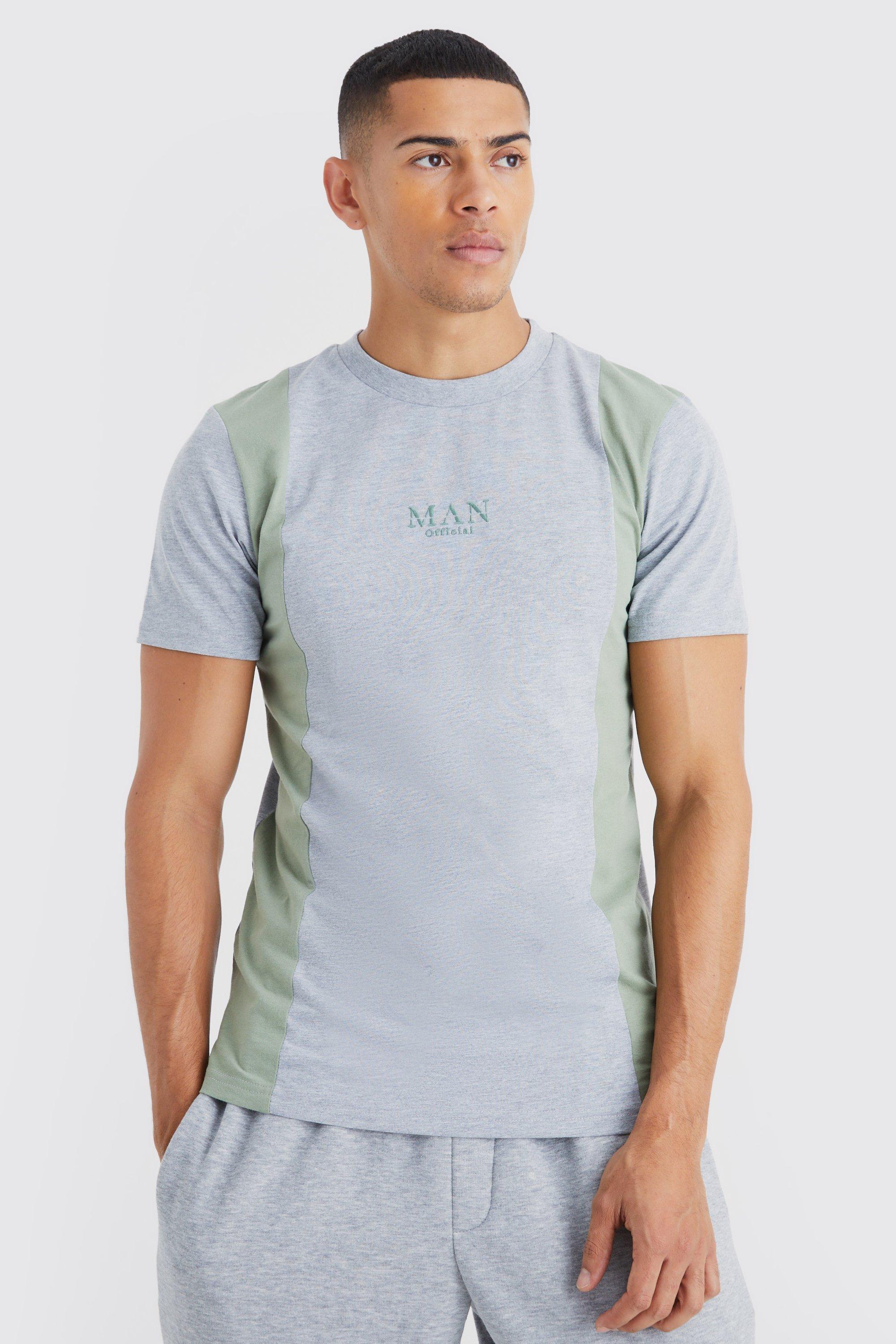 Mens Grey Slim Fit Colour Block Embroidered T-shirt, Grey
