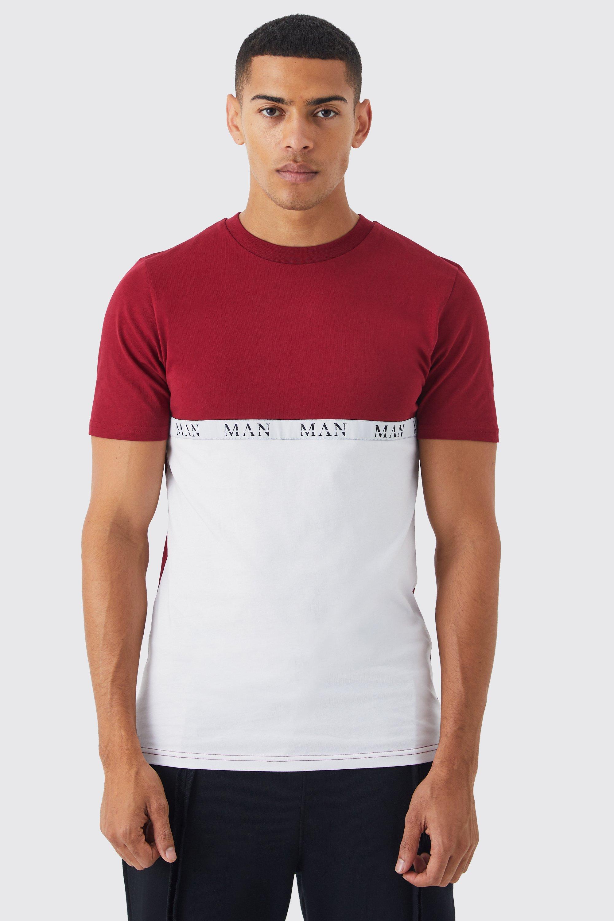 Mens Red Slim Fit Colour Block Tape T-shirt, Red