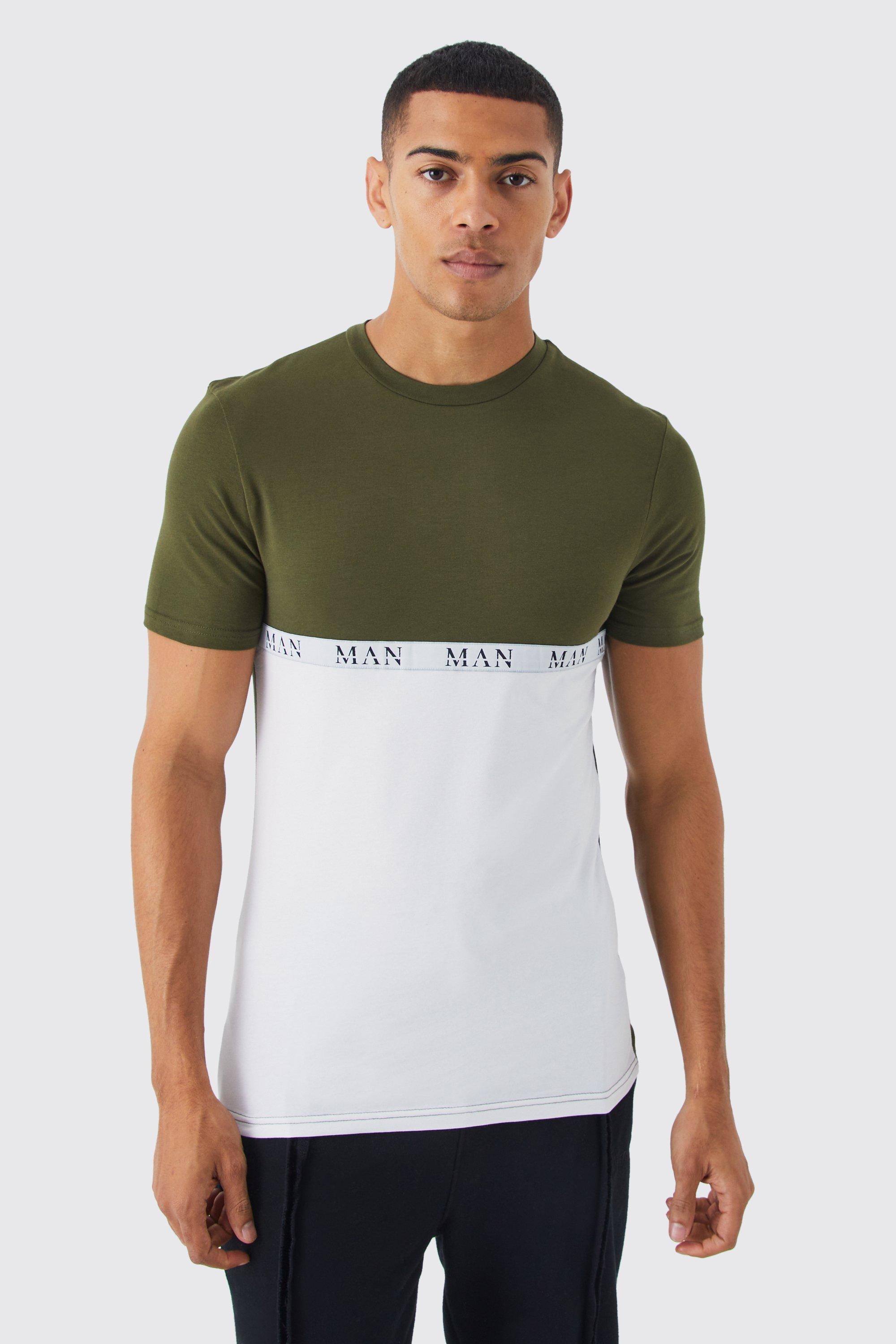 Mens Green Muscle Fit Colour Block Tape T-shirt, Green