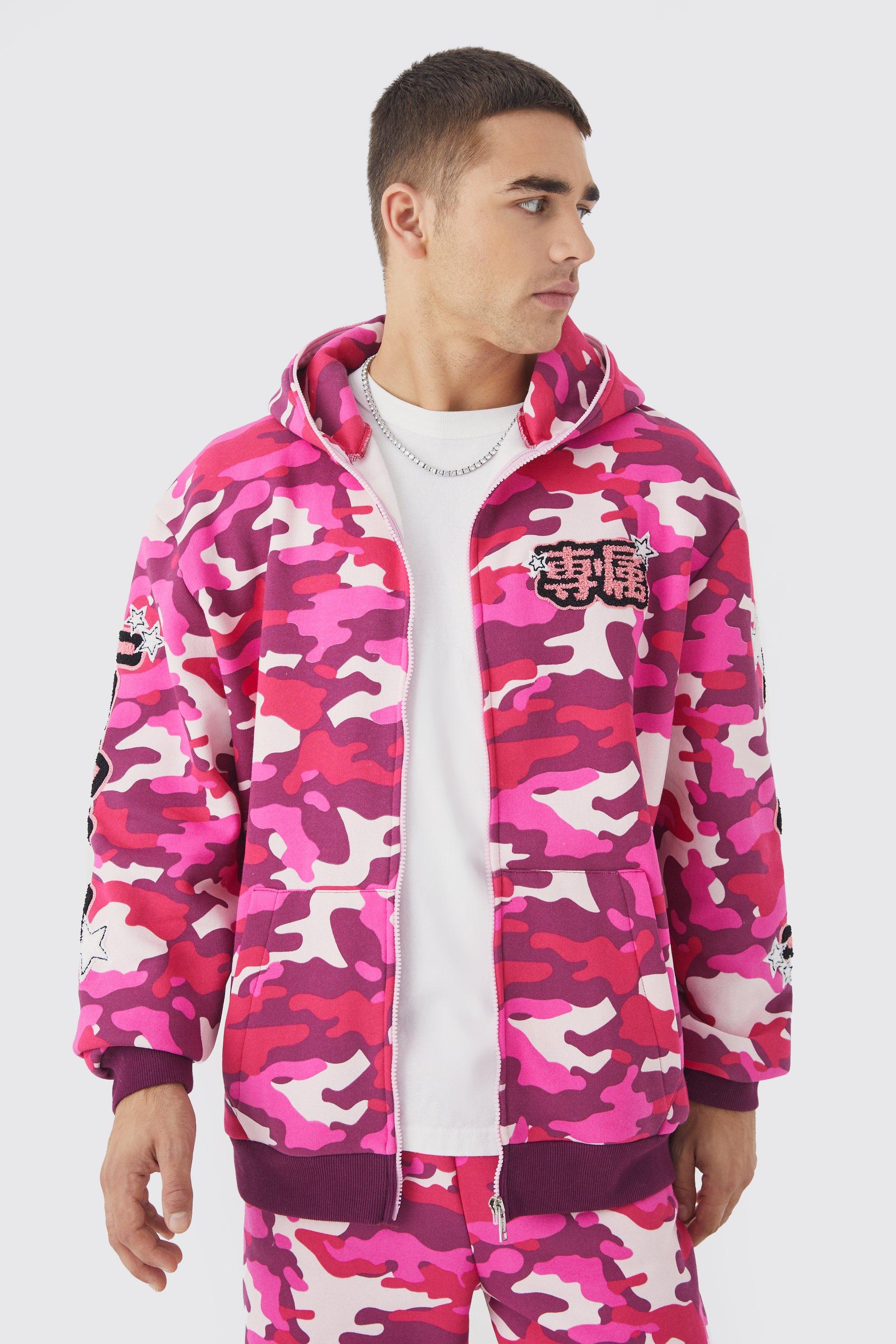 mens pink oversized camo full zip through applique hoodie, pink