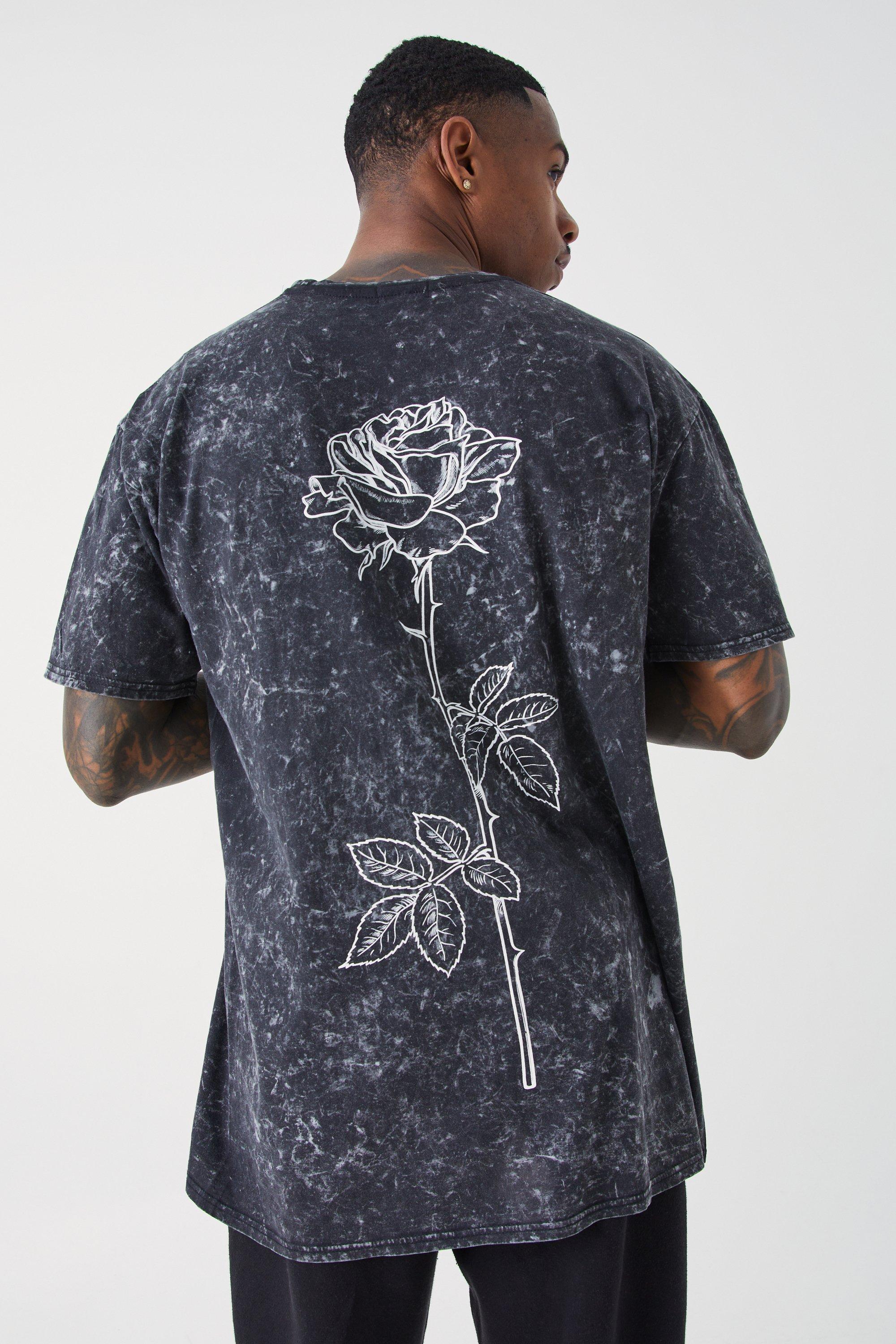 Mens Grey Oversized Acid Wash Rose Stem Print T-shirt, Grey
