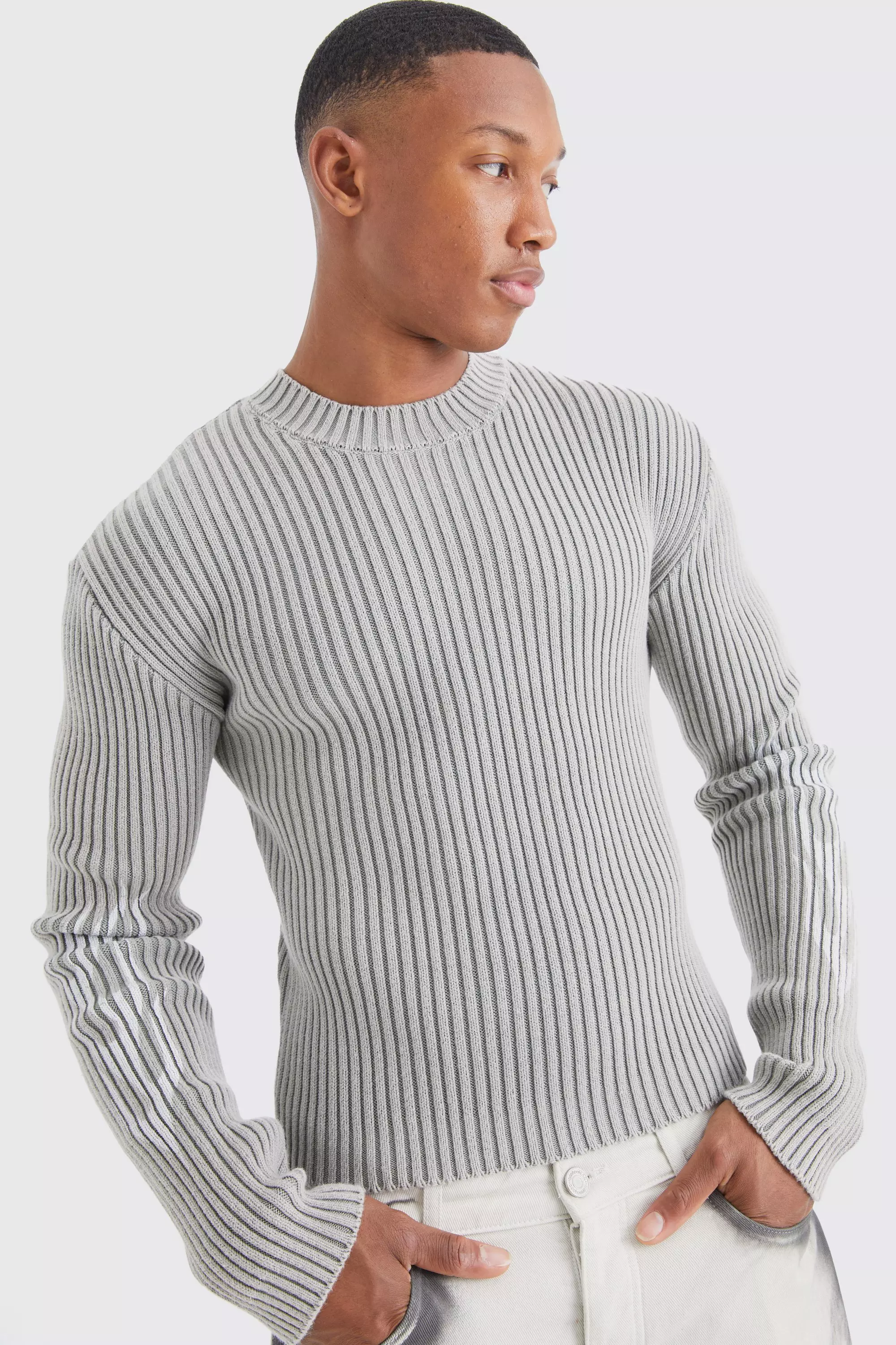 Muscle Fit Ribbed Acid Wash Knit Jumper | boohooMAN USA