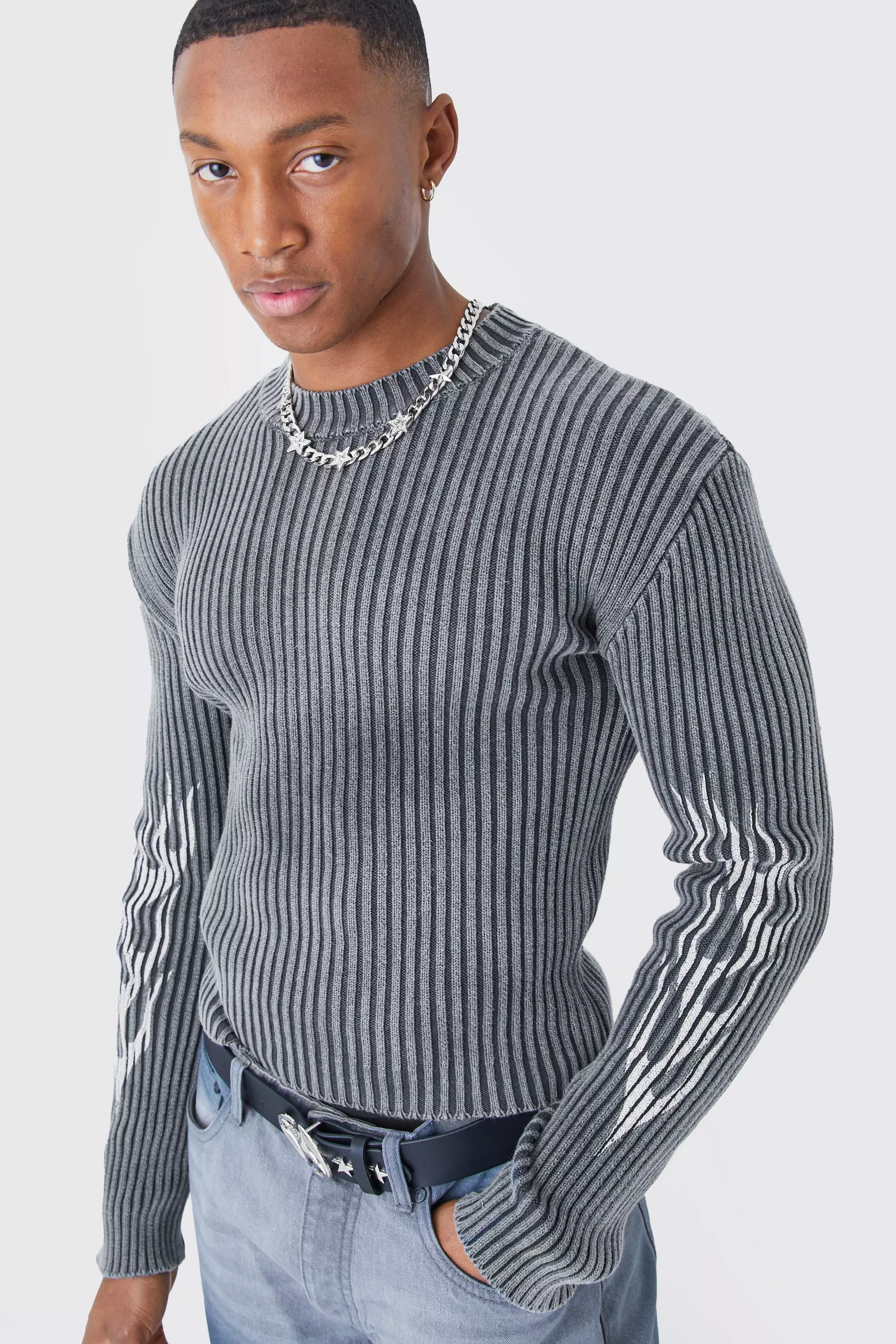 Muscle Fit Ribbed Acid Wash Knit Jumper