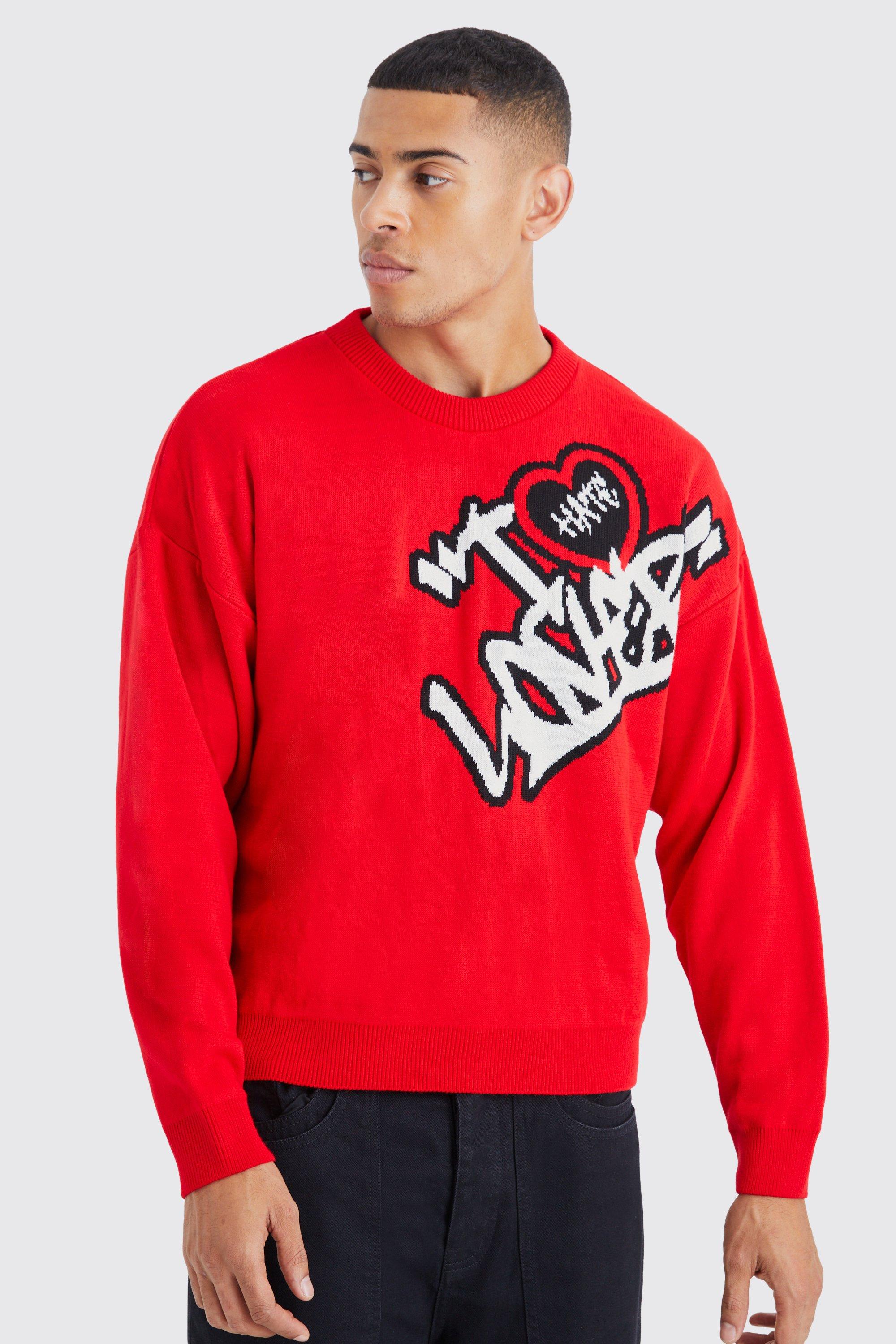 Mens Red Boxy Crew Neck Lover Knit Jumper, Red