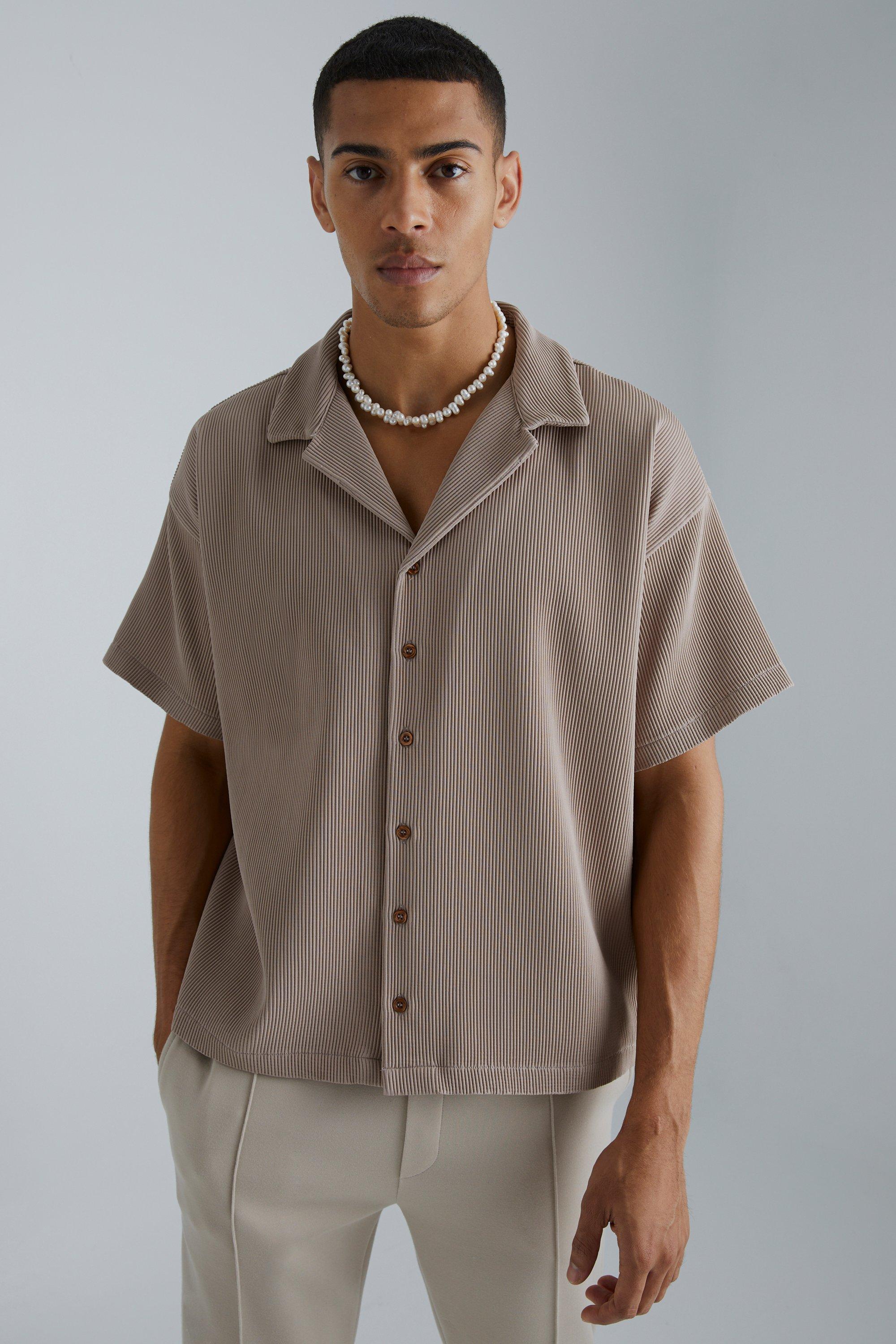 Mens Beige Pleated Short Sleeve Oversized Boxy Shirt, Beige