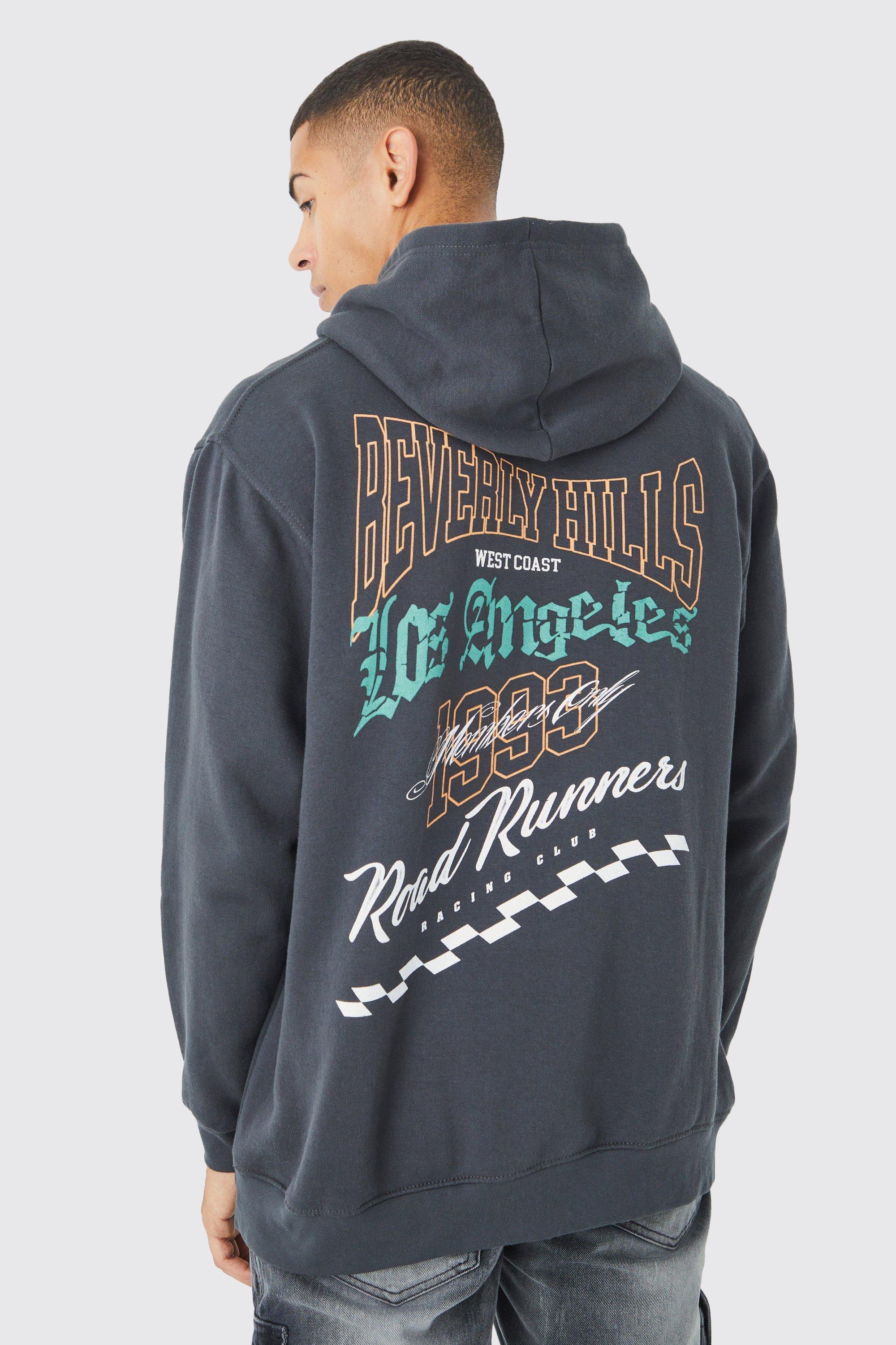 Mens Grey Oversized Beverly Hills Back Graphic Hoodie, Grey