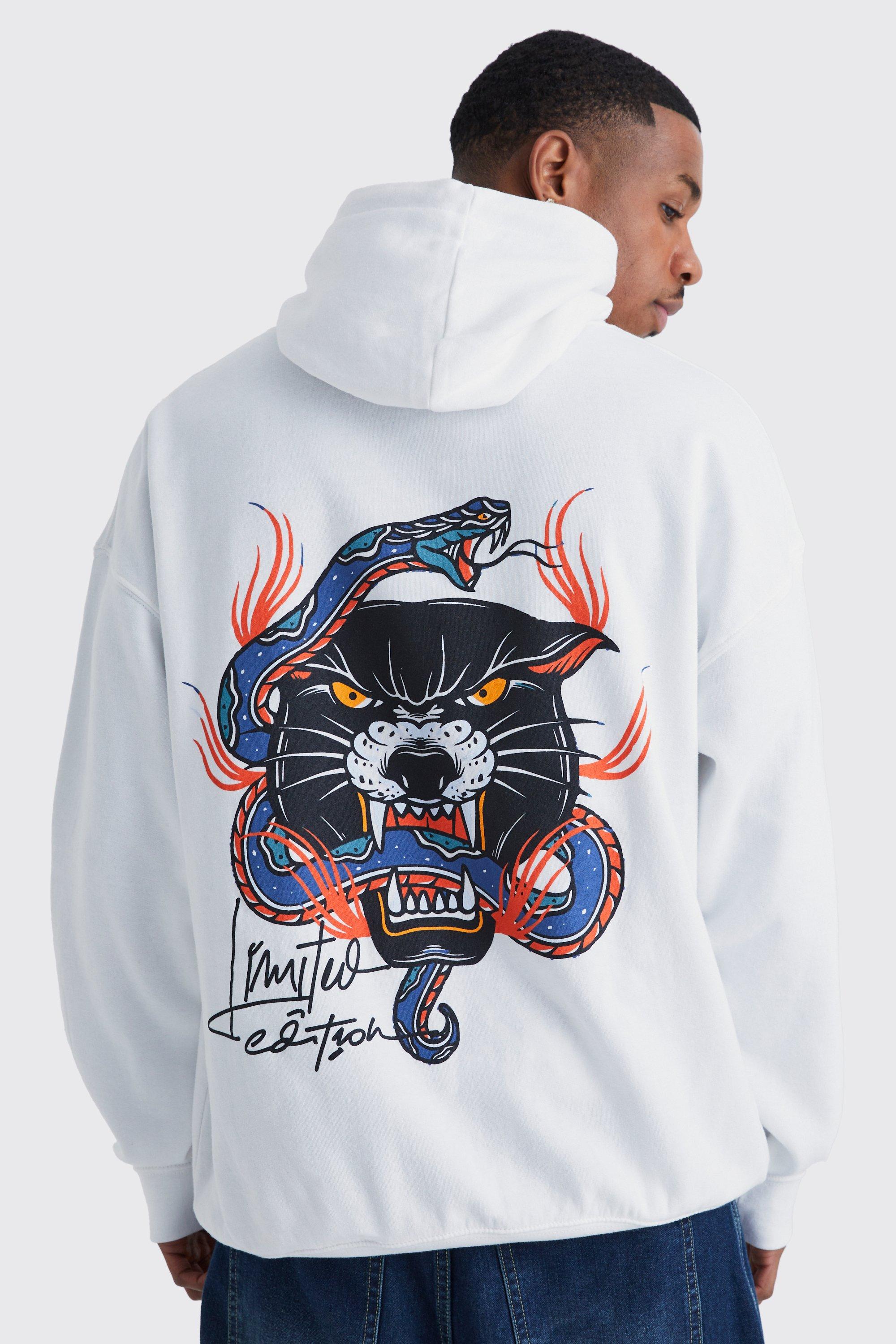 Mens White Oversized Panther Snake Graphic Hoodie, White