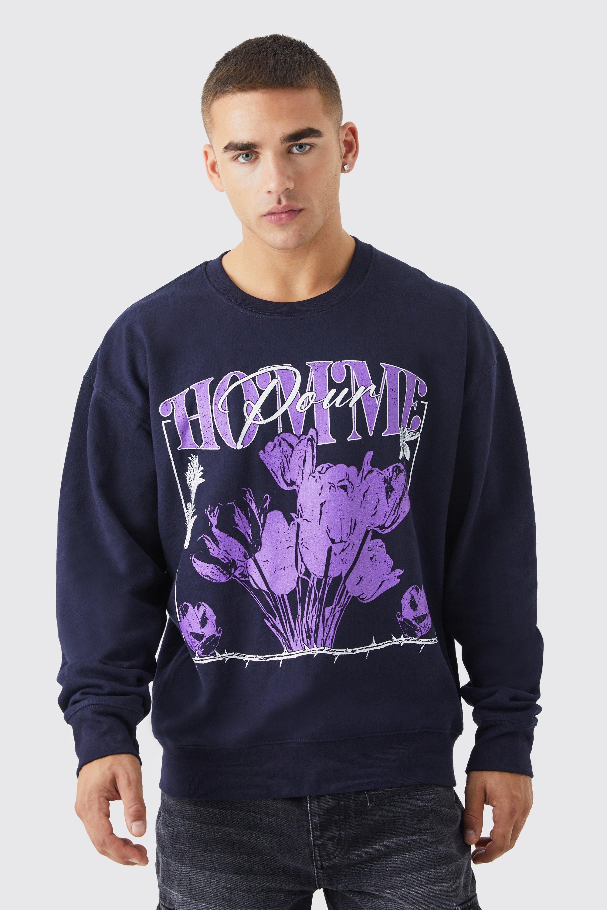 Mens Navy Homme Floral Graphic Sweatshirt, Navy