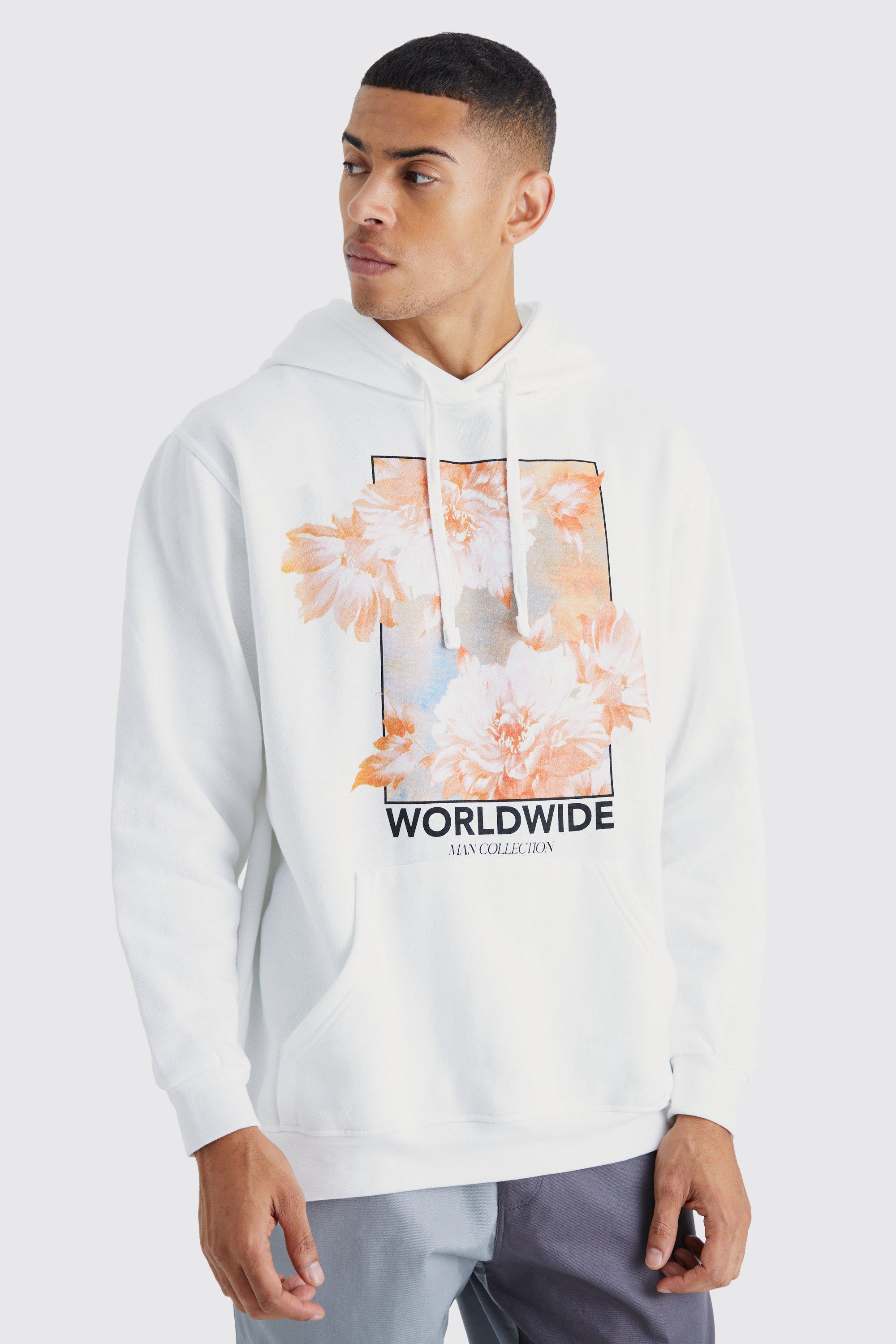 Mens White Floral Graphic Hoodie, White