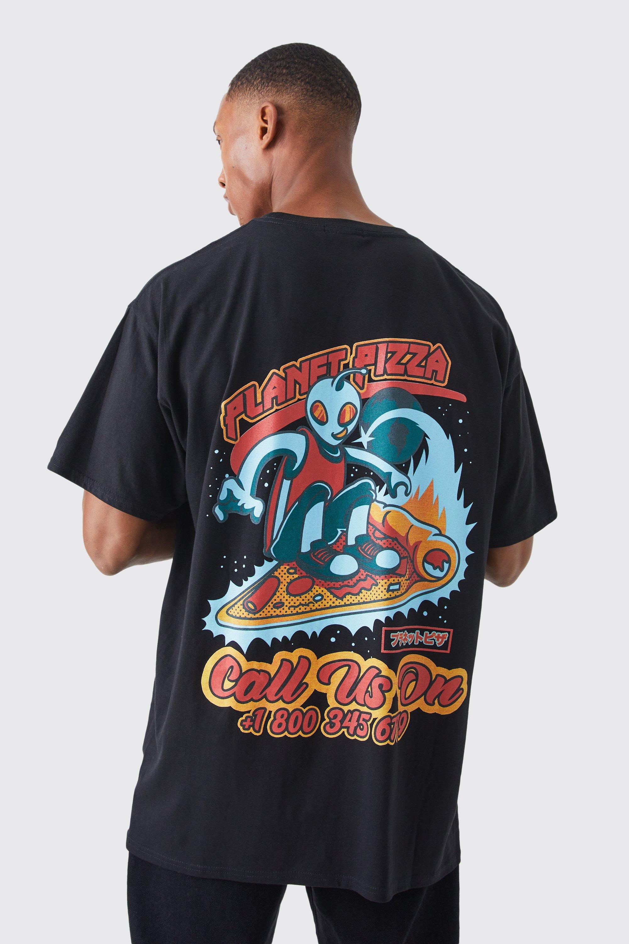 Mens Black Oversized Space Pizza Graphic T-shirt, Black