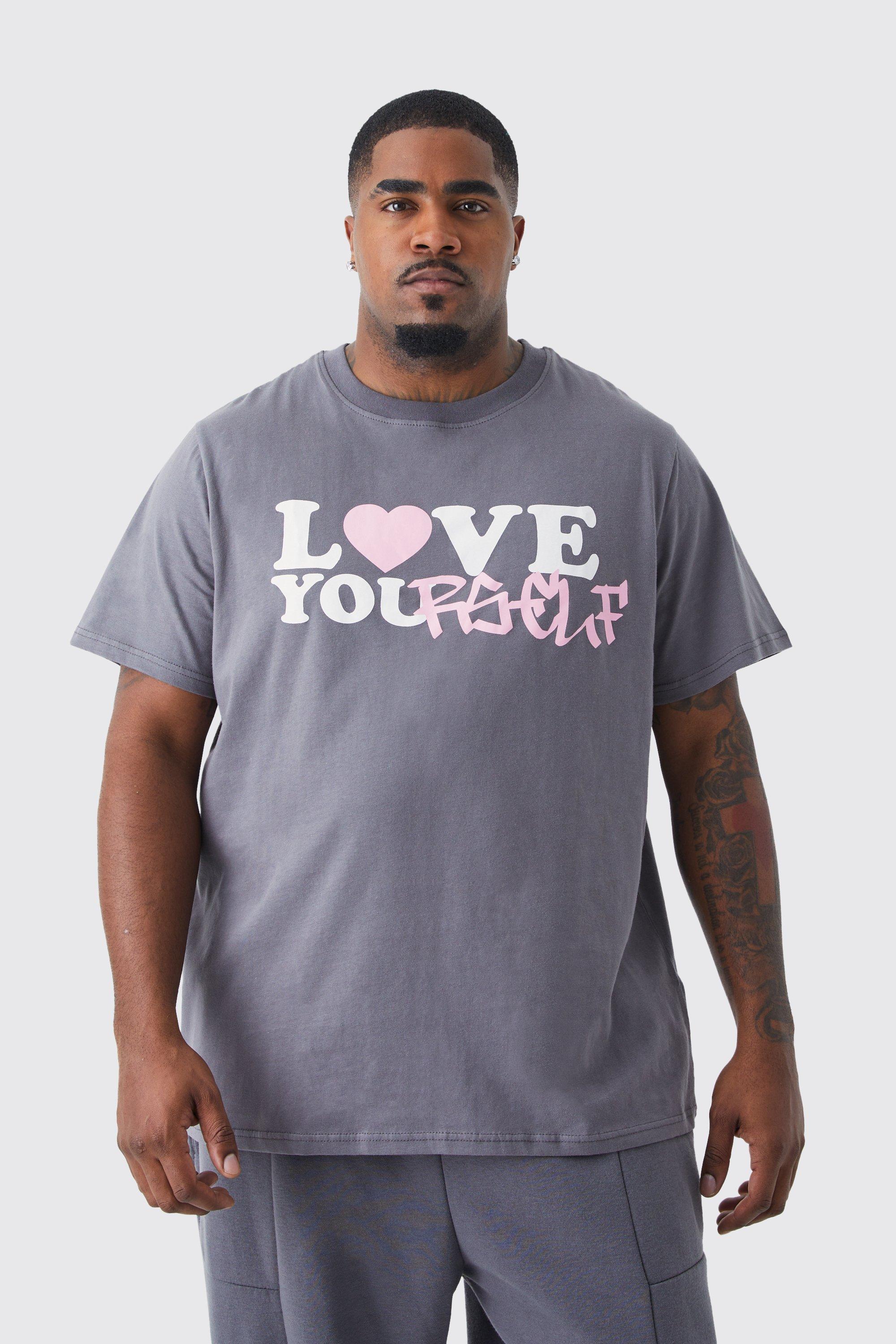 Mens Charcoal Plus Slim Fit Love Yourself Print T-shirt