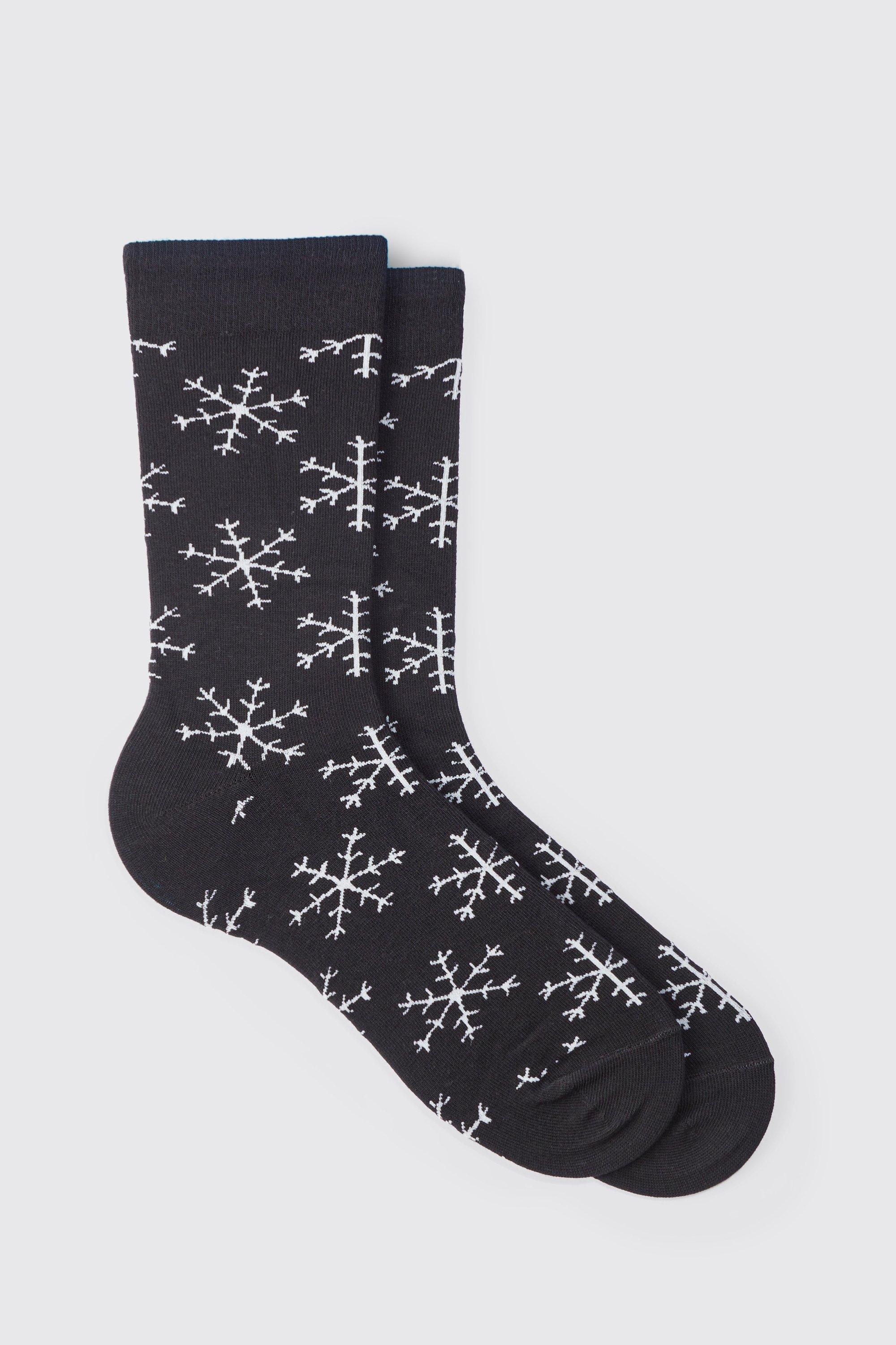 Mens Black Christmas Snowflake Socks, Black