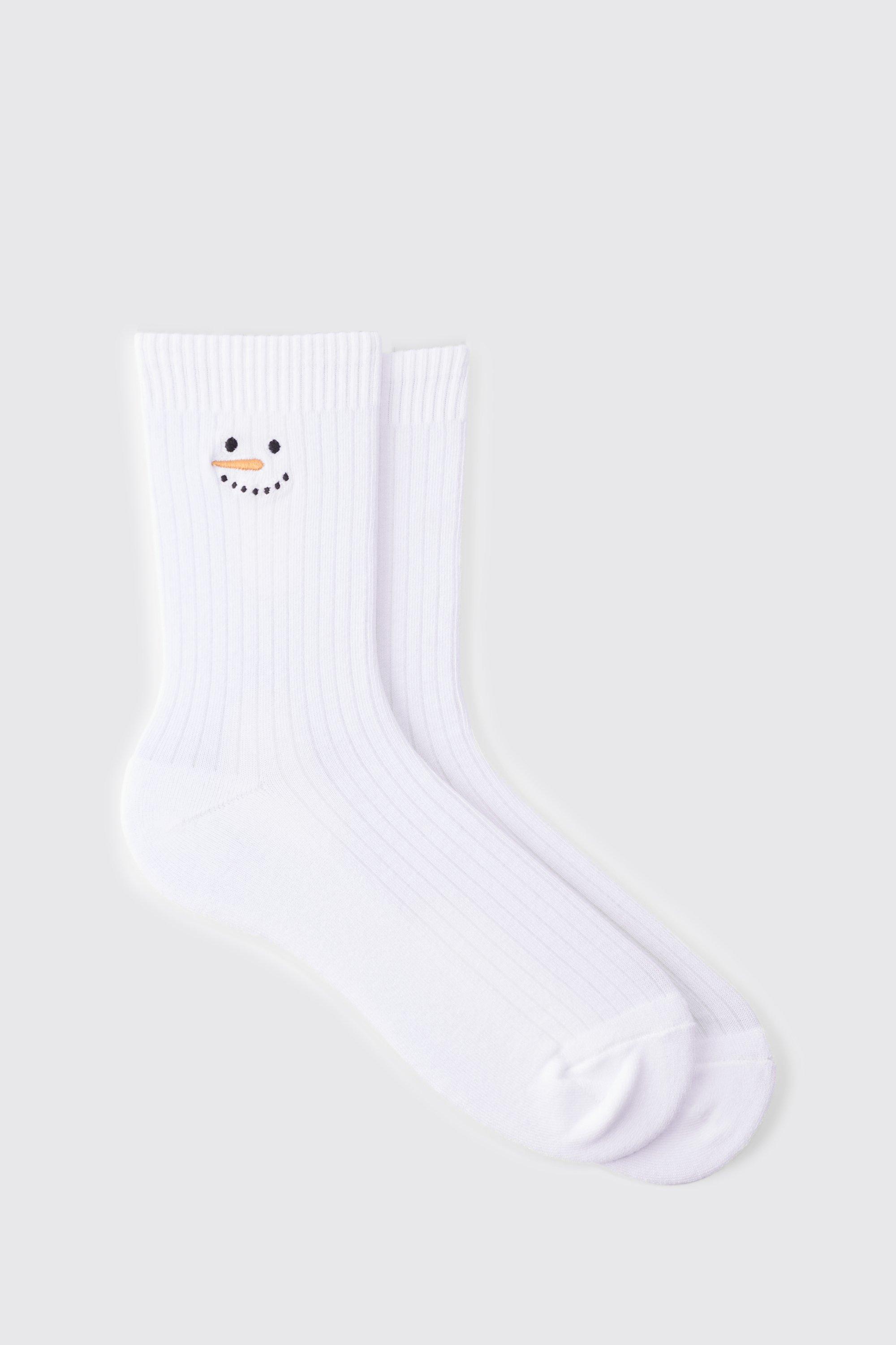 Mens White Christmas Snowman Embroidered Socks, White