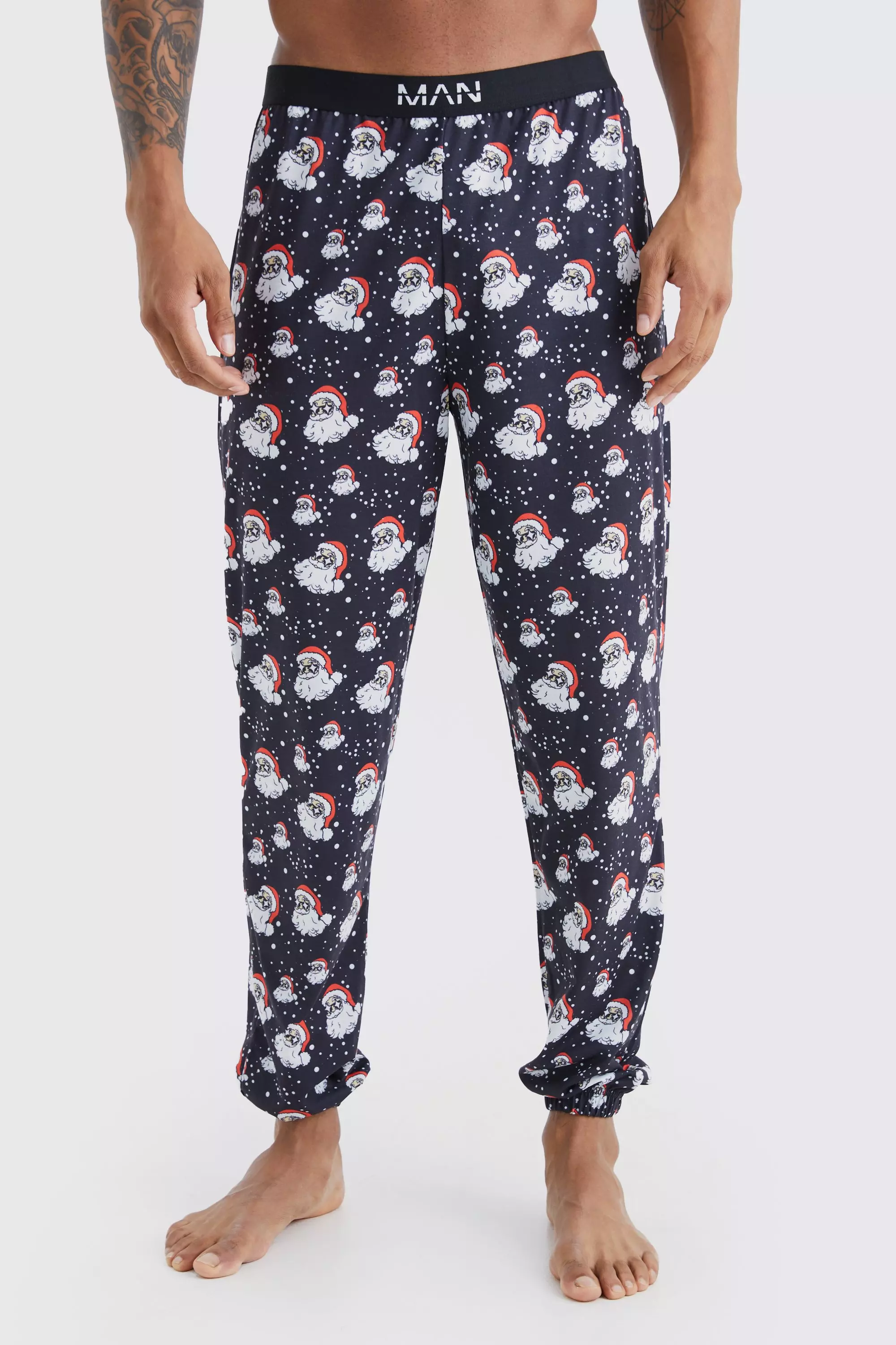 Christmas Santa Print Lounge Bottoms boohooMAN UK
