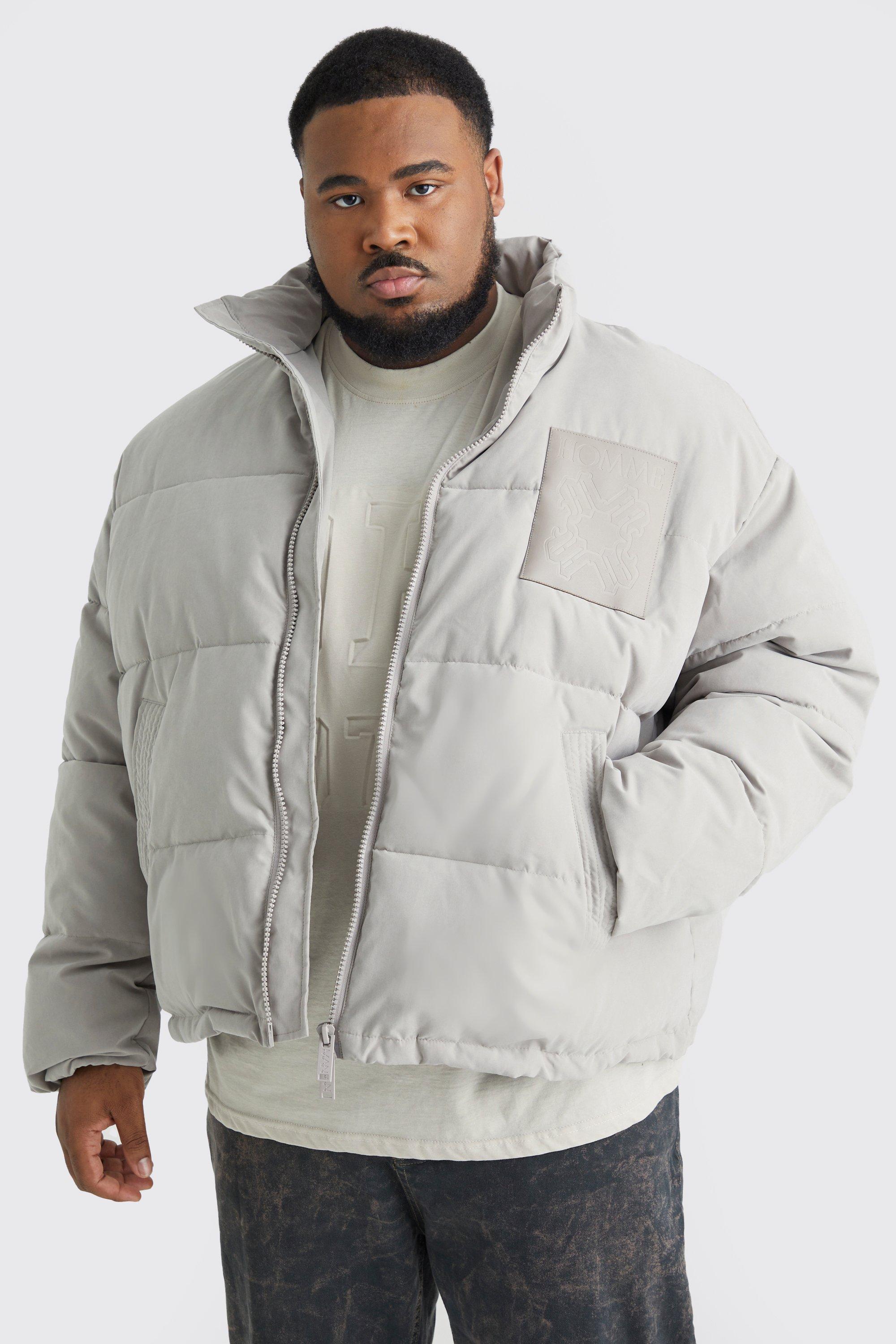 Mens Grey Plus Boxy Oversized Pu Patch Peached Nylon Puffer, Grey