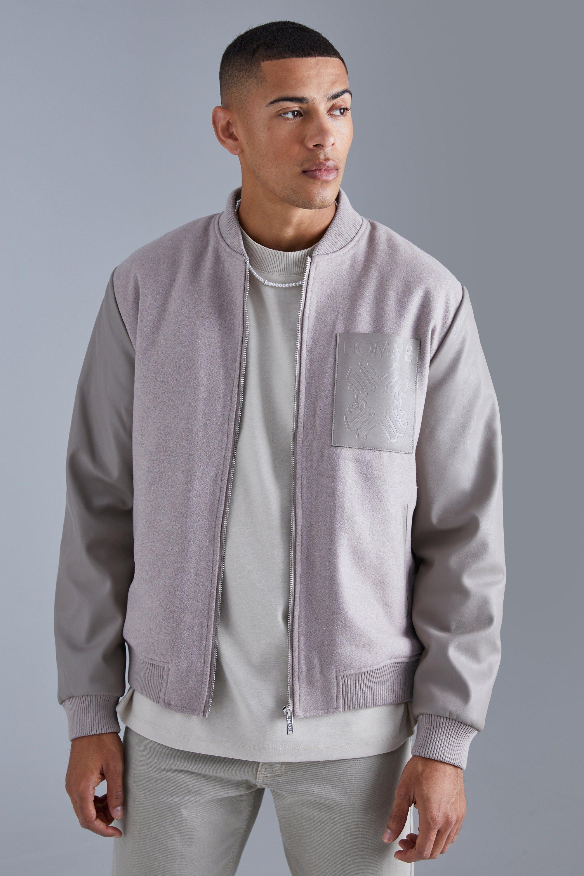 Image of Giacca Bomber Regular Fit in melton & PU con toppe, Grigio