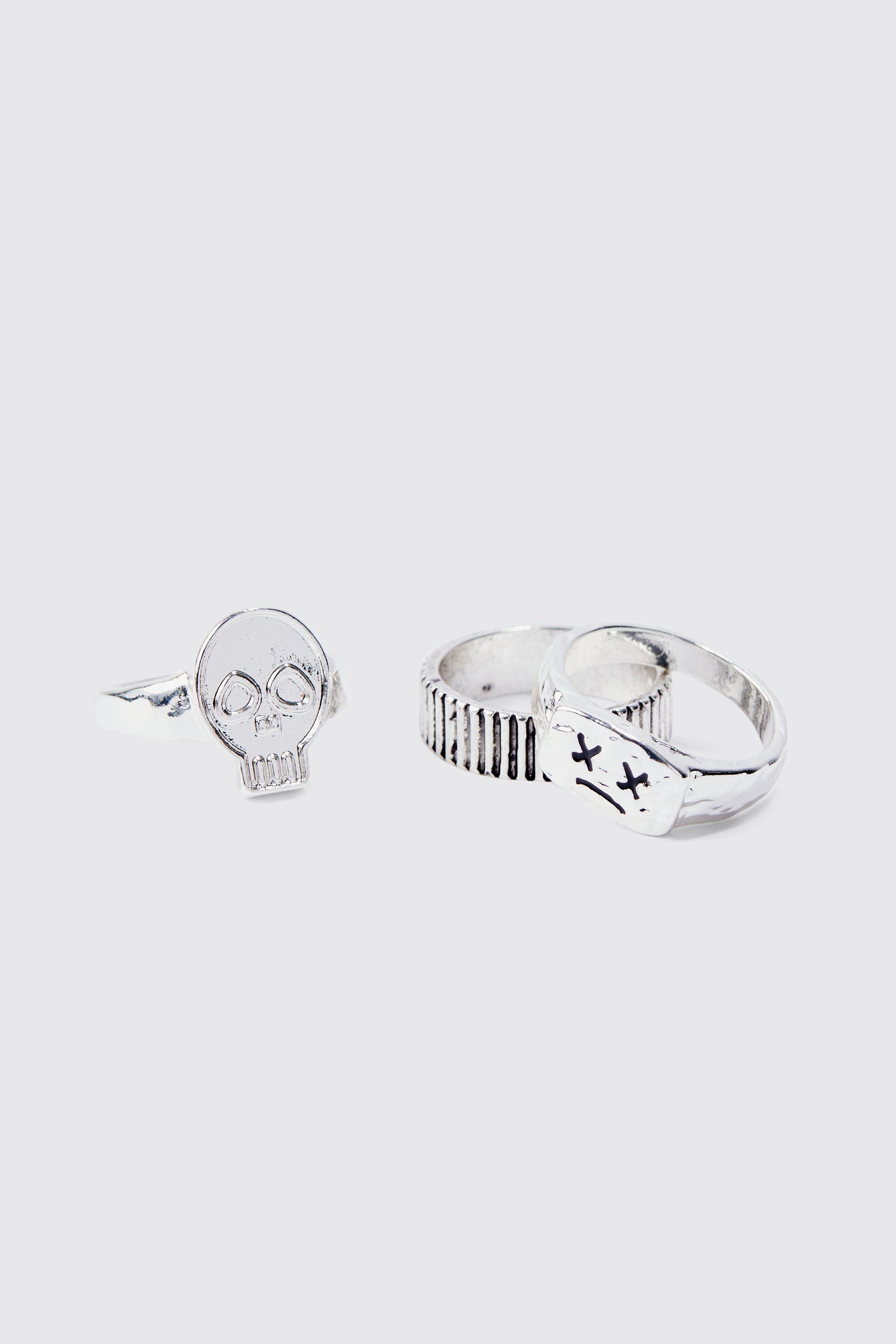 Mens Grey 3 Pack Skull Rings, Grey