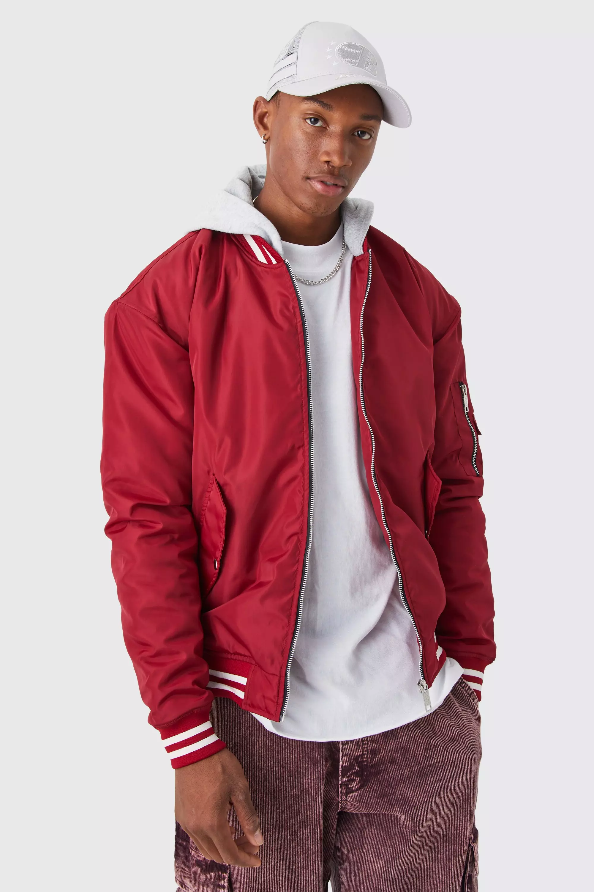 Hooded varsity hot sale bomber jacket