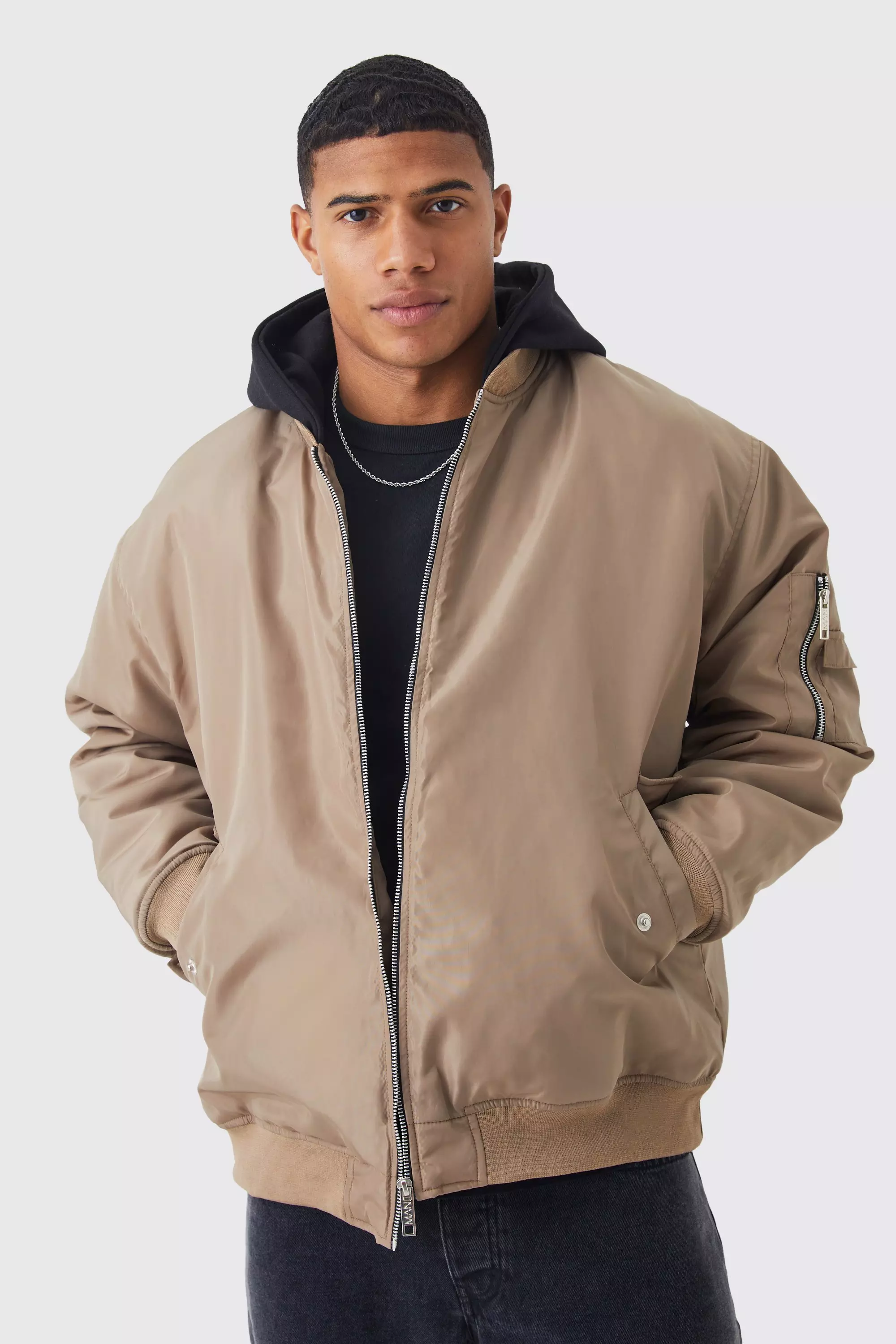 Oversized Ma1 Bomber With Jersey Hood | boohooMAN USA